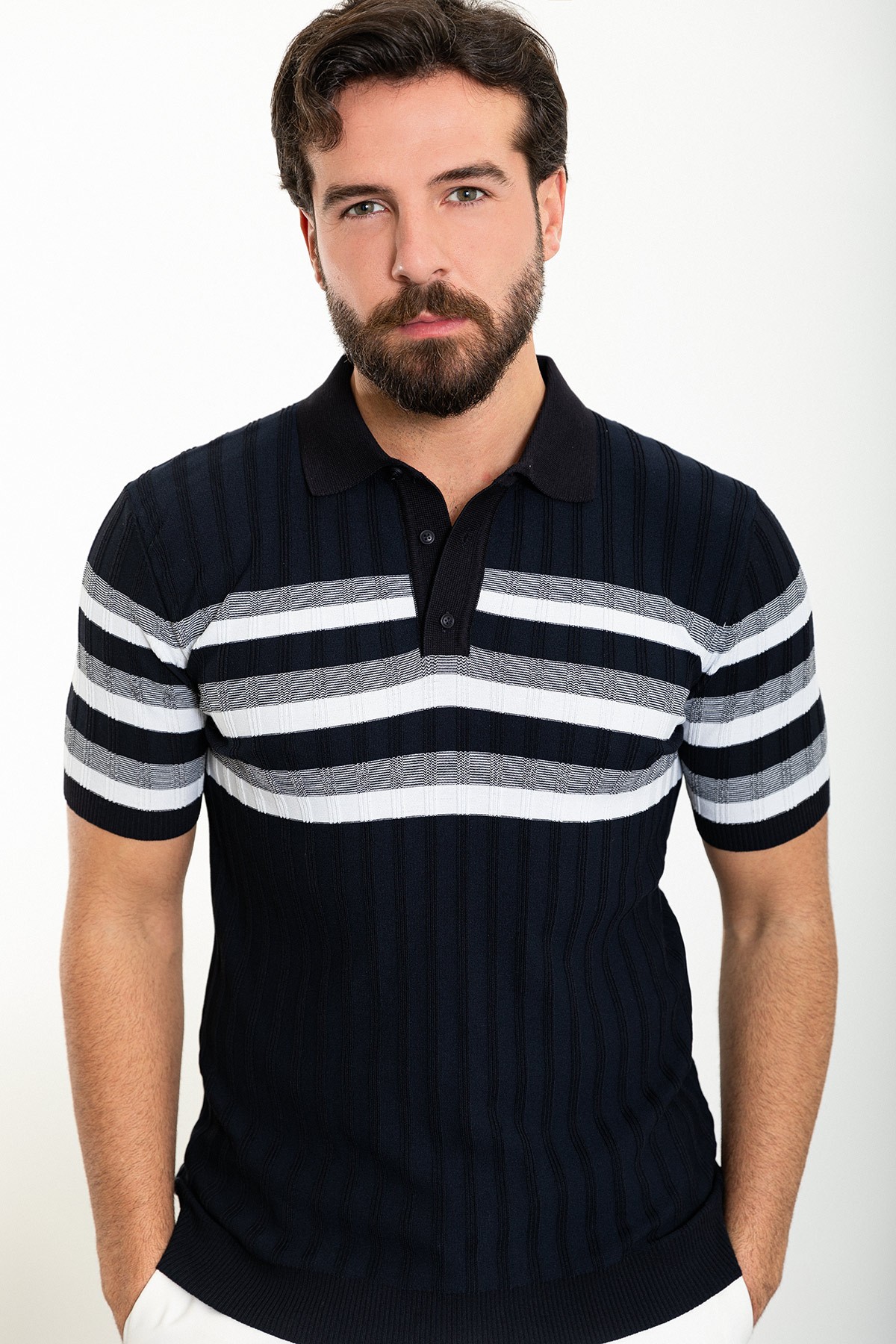 Çizgili Slim Fit Polo Yaka Erkek Triko T-Shirt