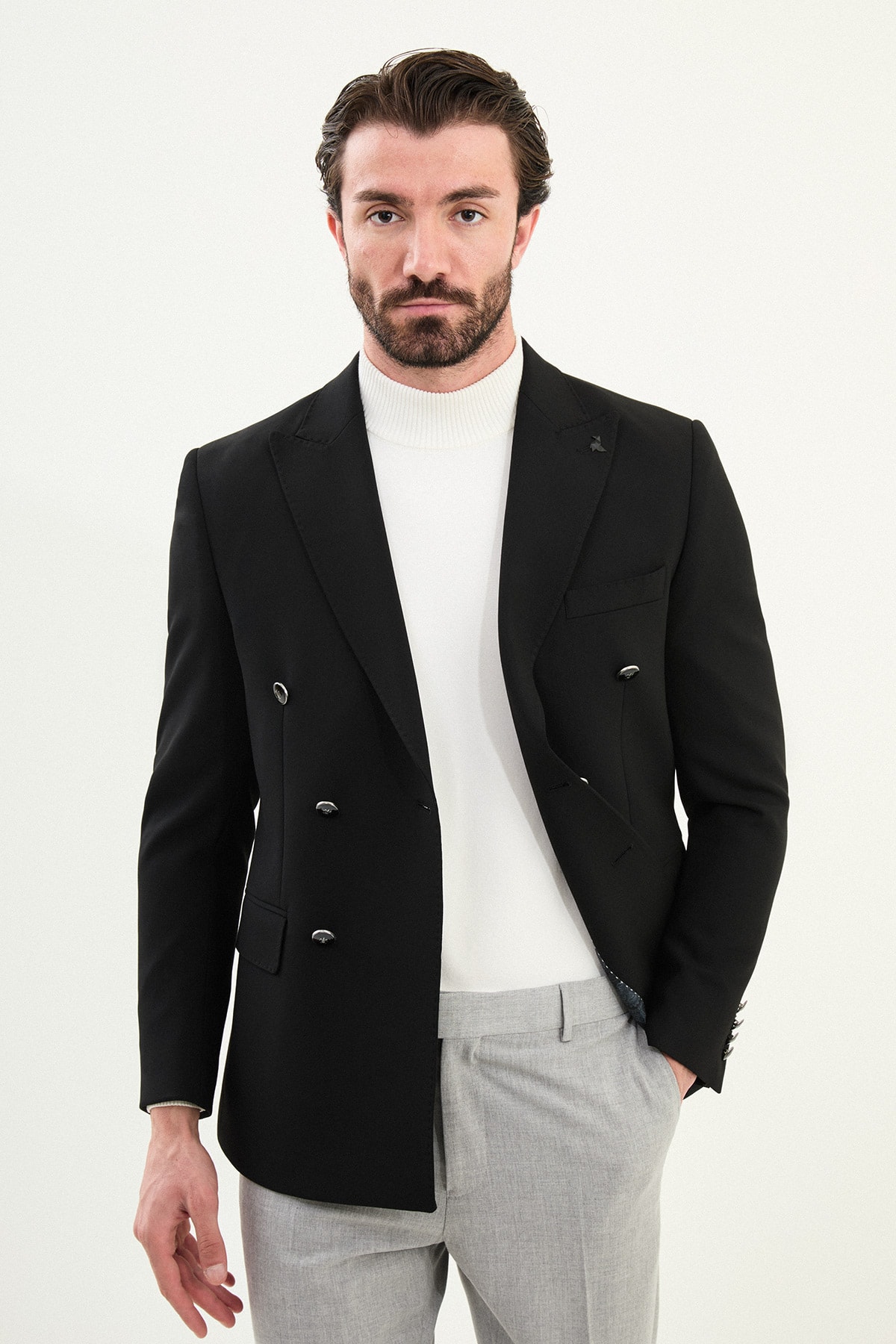Düz Slim Fit Geniş Yaka Kruvaze Metal Düğmeli Erkek Ceket