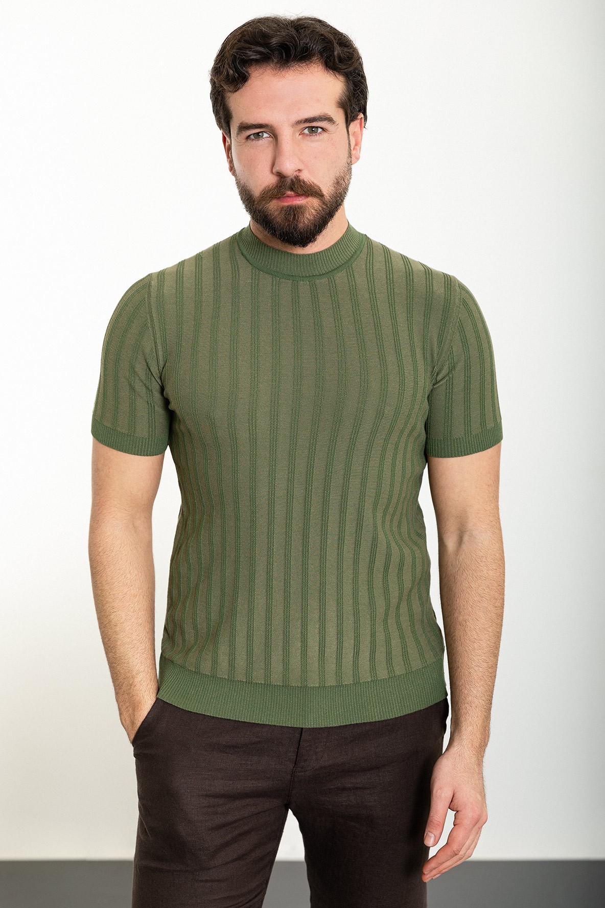 Çizgili Slim Fit Yarım Balıkçı Yaka Erkek Triko T-Shirt - Haki