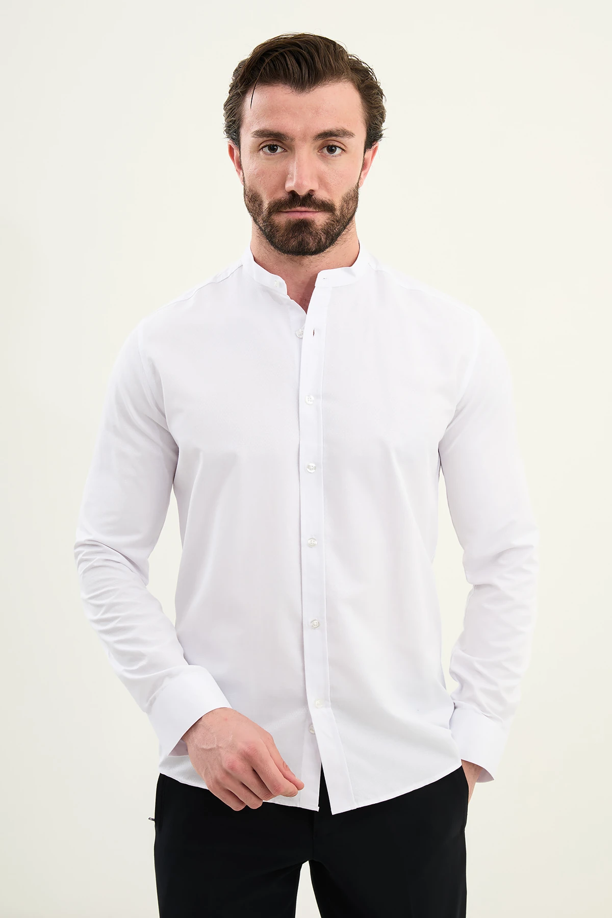 Desenli Slim Fit Hakim Yaka Uzun Kollu Pamuk Erkek Gömlek - Beyaz