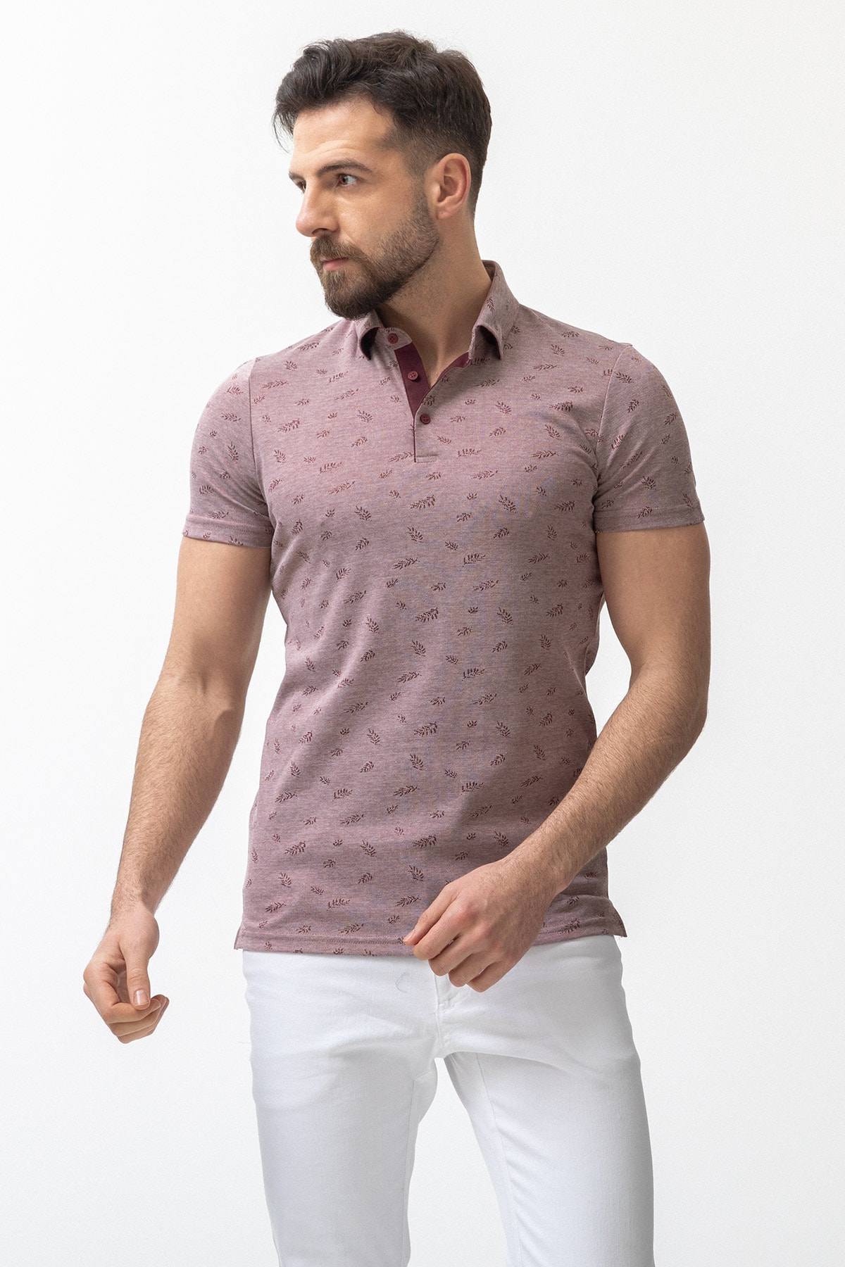 Yaprak Desenli Slim Fit Polo Yaka Erkek T-Shirt