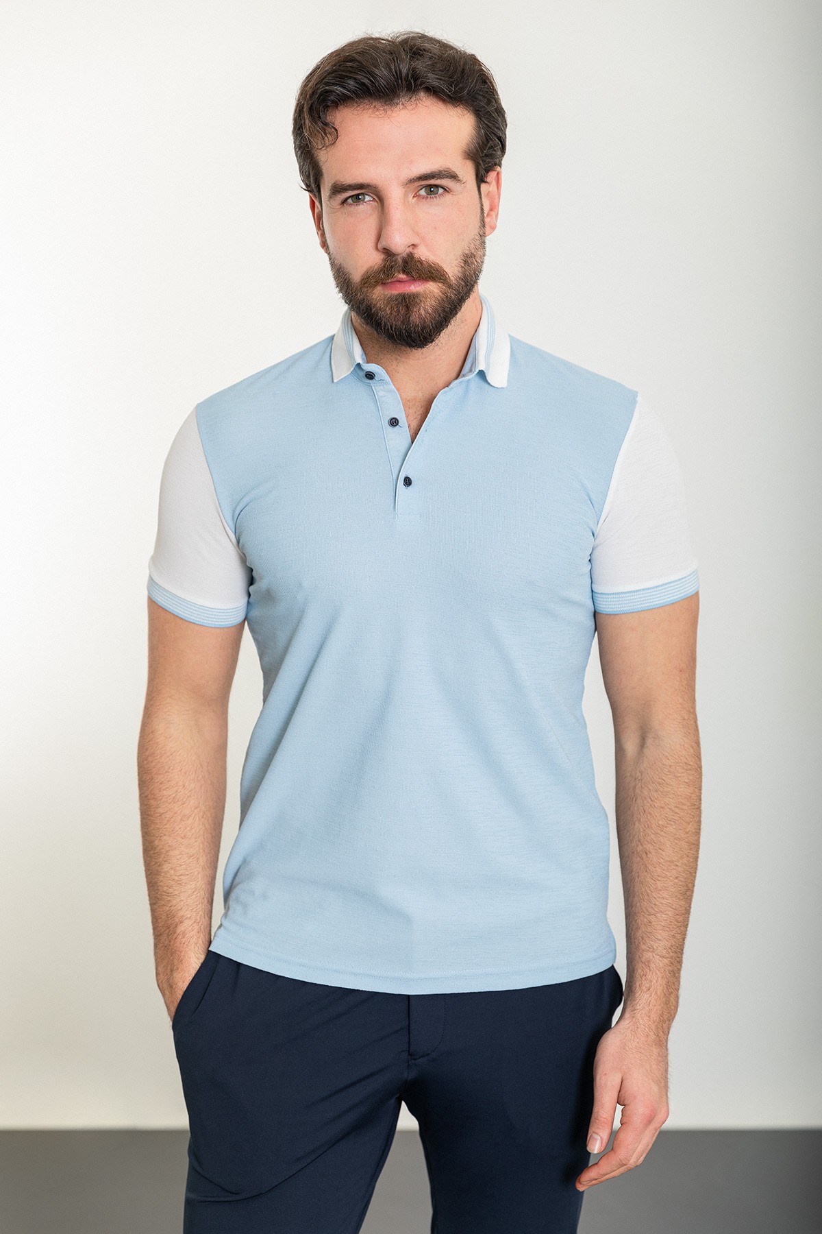 Parçalı Slim Fit Polo Yaka Erkek T-Shirt - Mavi