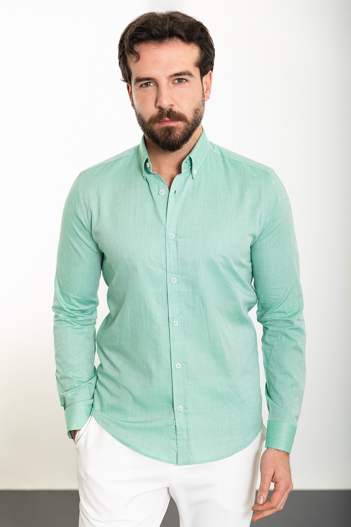 Düz Slim Fit Uzun Kollu Erkek Gömlek - Yeşil
