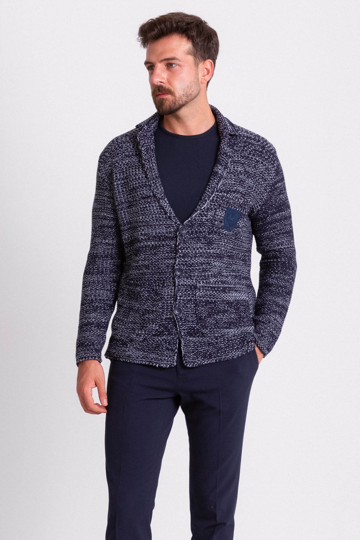 Kırçıllı Slim Fit Yün Erkek Triko Ceket - Lacivert-Mavi