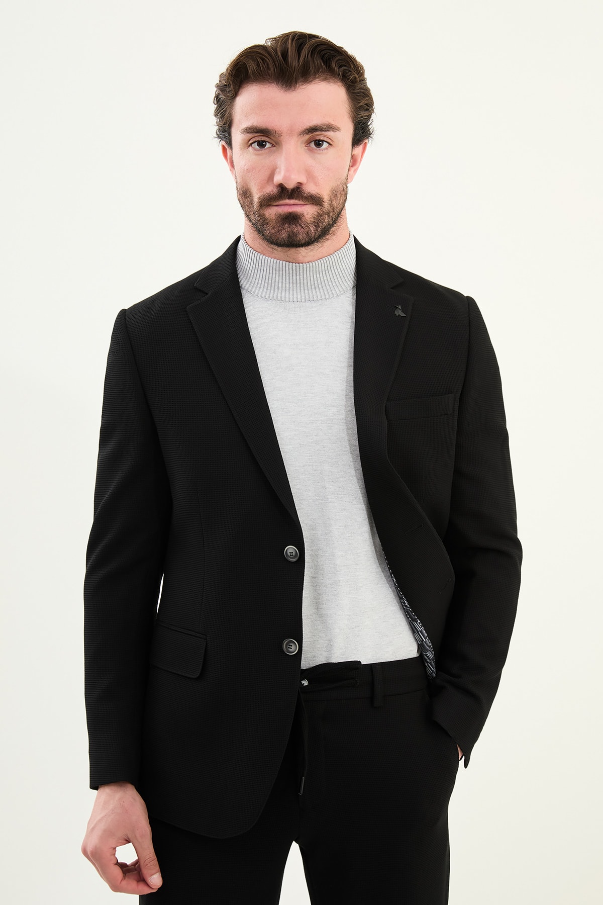 Desenli Slim Fit Torba Cep Beli Lastikli İpli Erkek Takım Elbise - Siyah