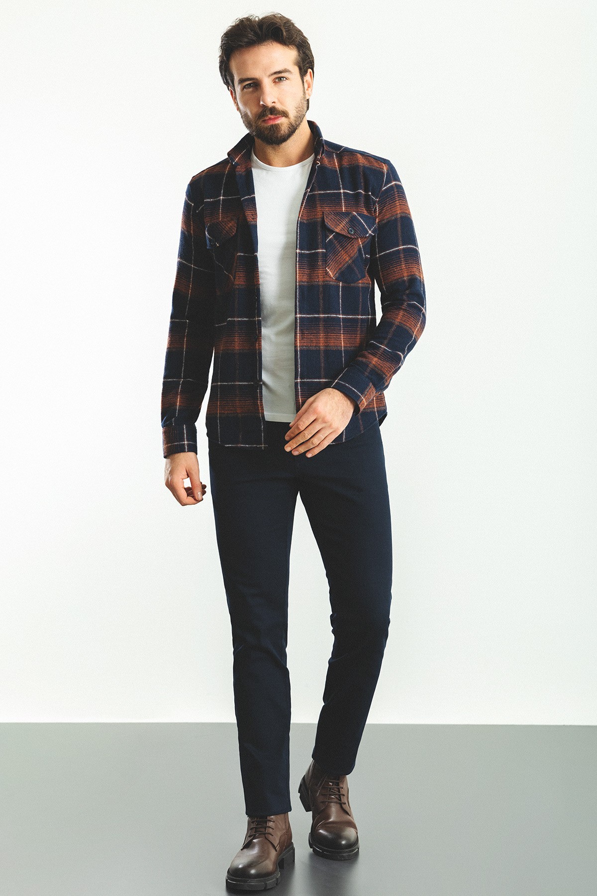 Ekoseli Slim Fit Oduncu Erkek Gömlek - Lacivert-Oranj