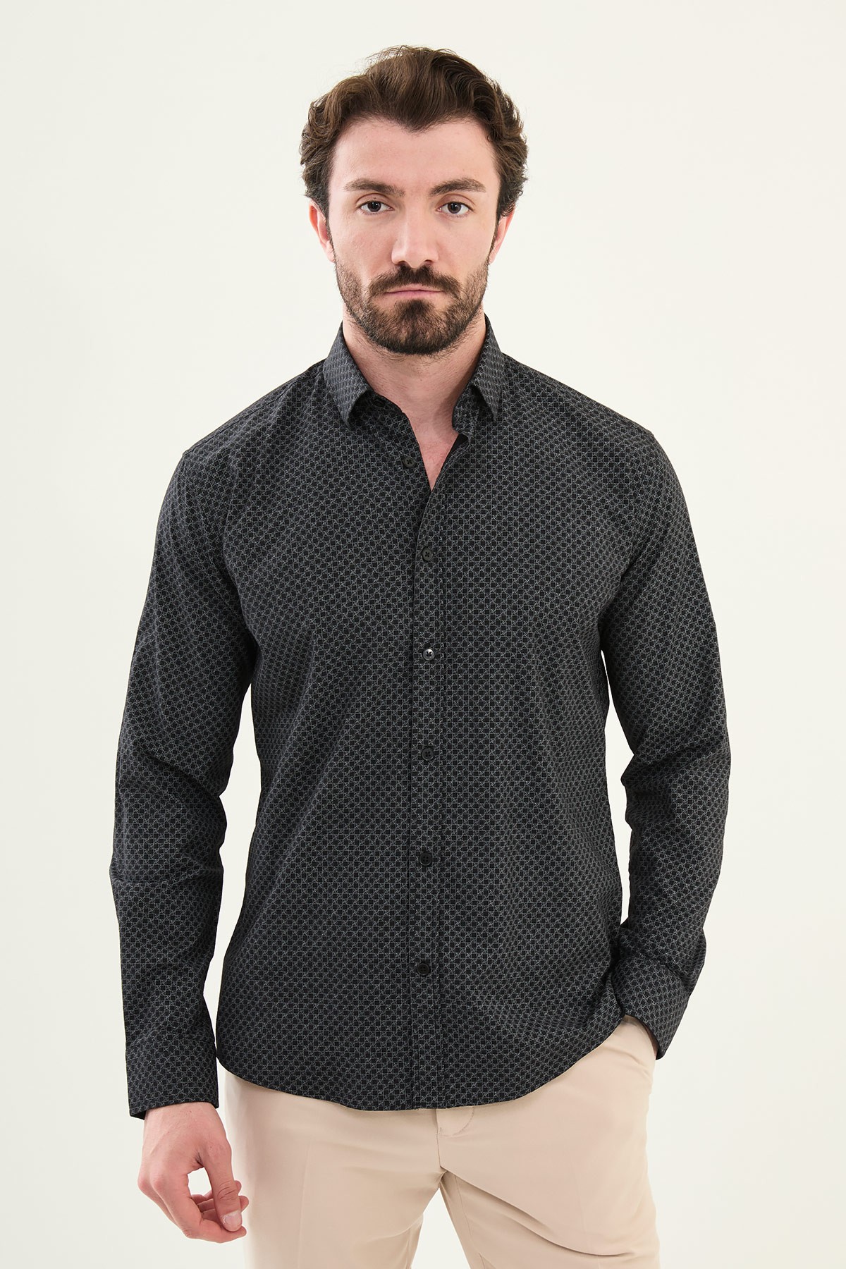 Desenli Slim Fit Pamuk Erkek Gömlek - Siyah