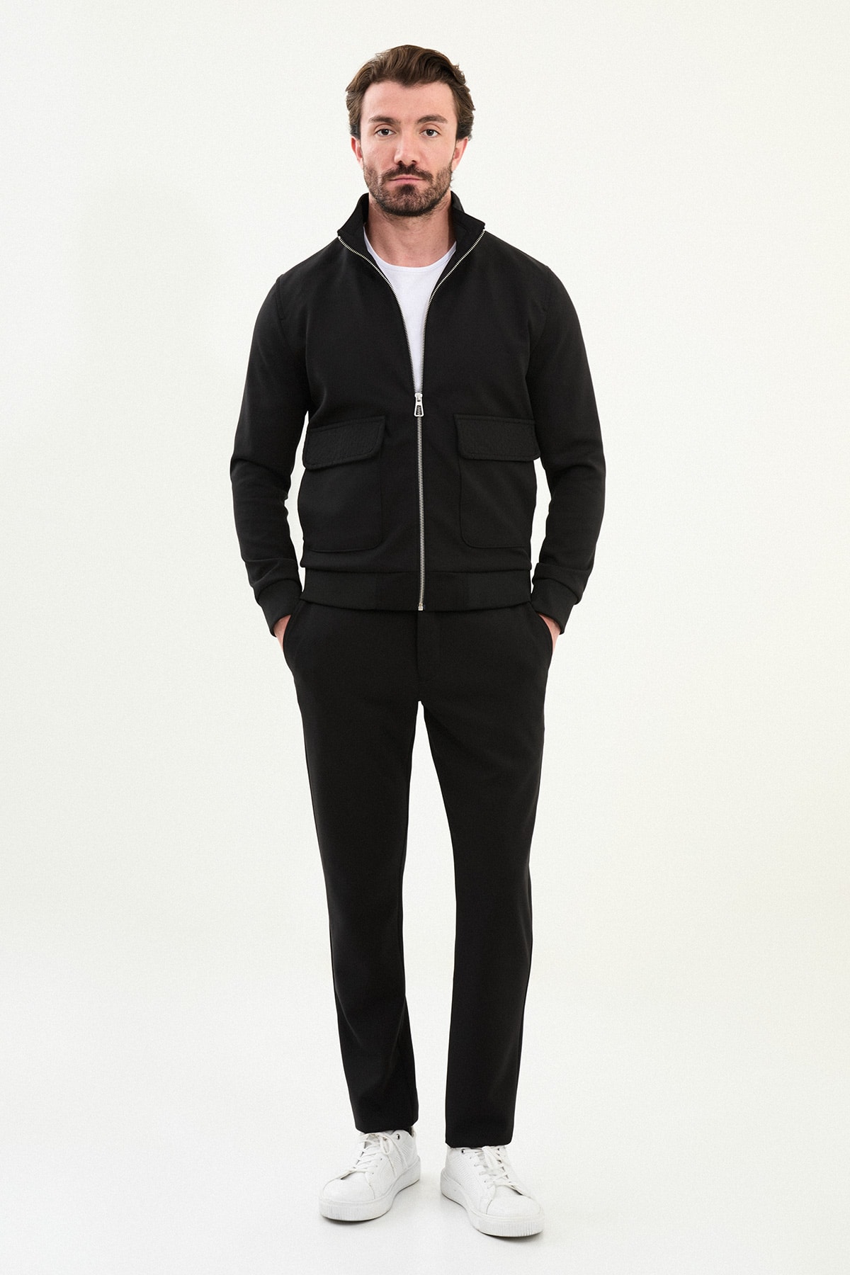 Düz Slim Fit Fermuarlı Torba Cepli Hakim Yaka Pantolon Mont