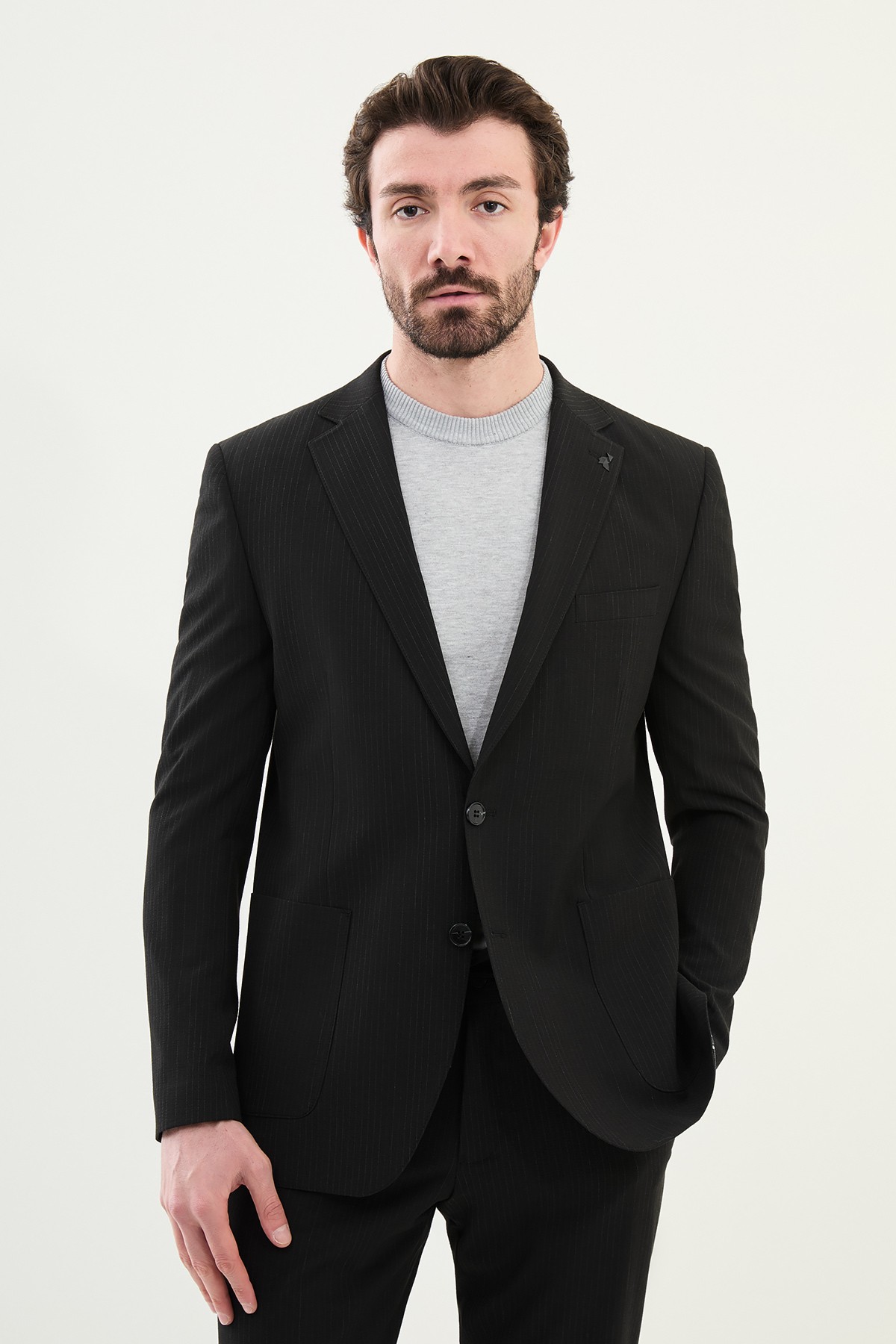Çizgili Slim Fit Torba Cep İpli Gofreli Erkek Takım Elbise