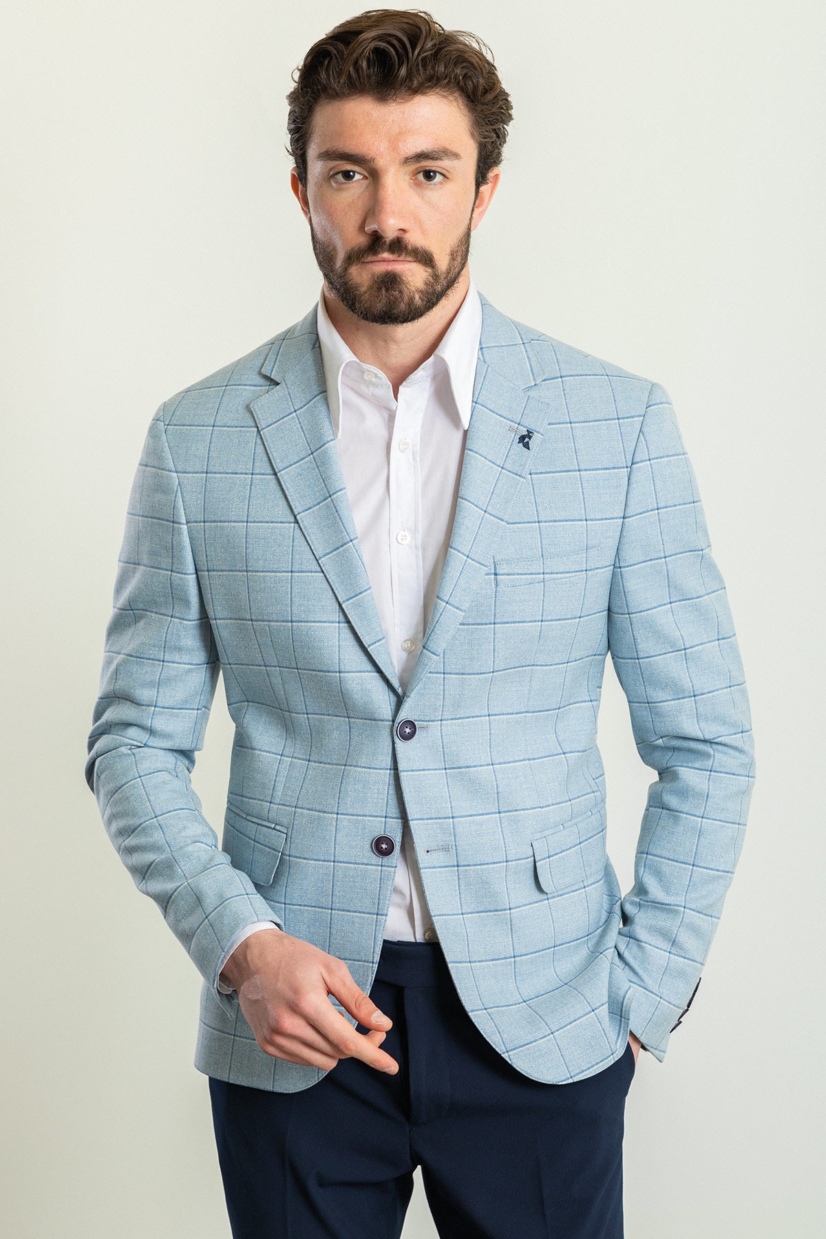 Ekoseli Slim Fit Mono Yaka Erkek Ceket