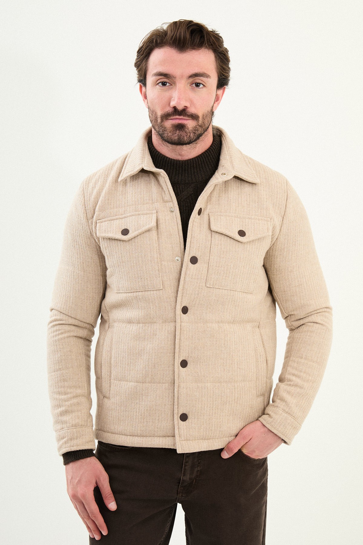 Çizgili Slim Fit Gömlek Yaka Çıtçıtlı Erkek Mont - Bej