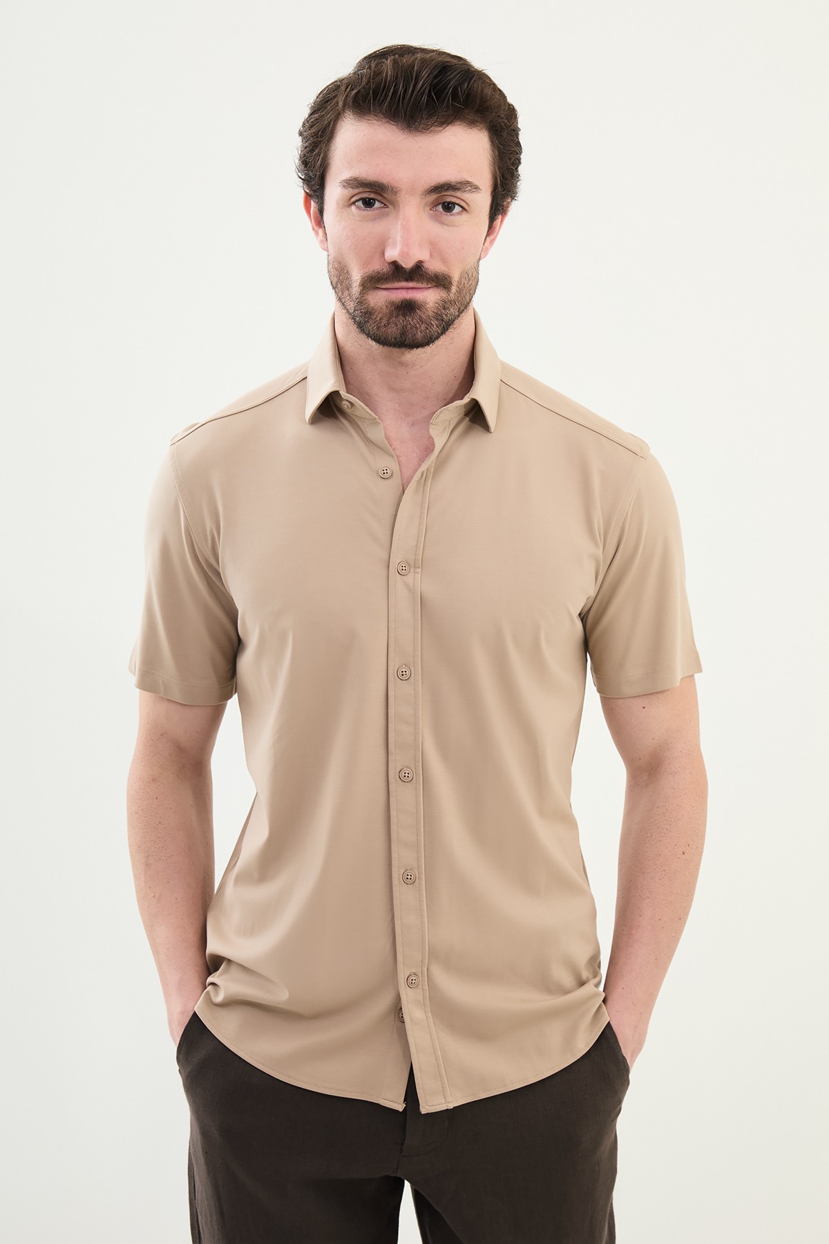 Düz Slim Fit Kısa Kollu Erkek Gömlek - Bej