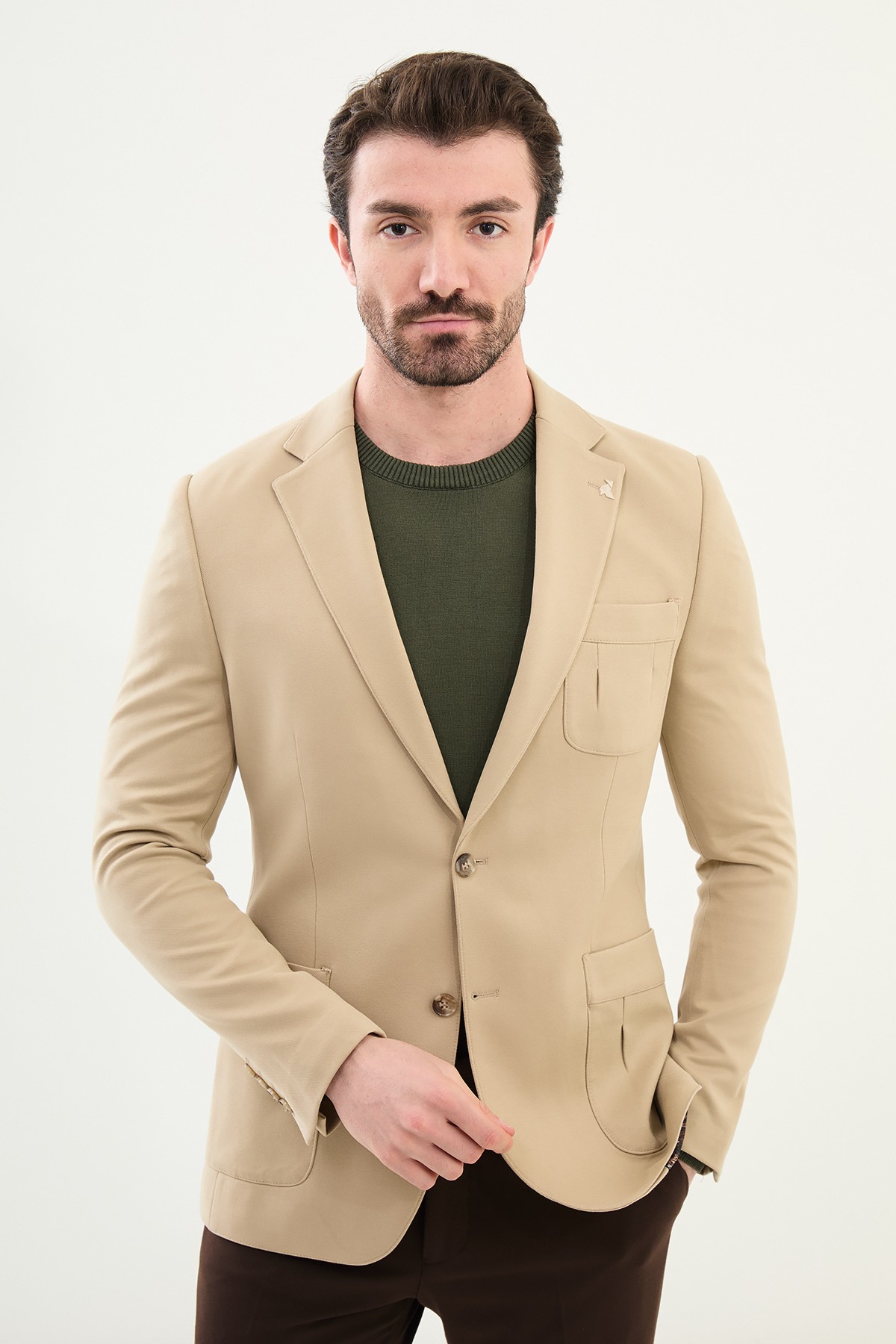 Düz Slim Fit Mono Yaka Torba Cep Pamuk Erkek Ceket - Bej