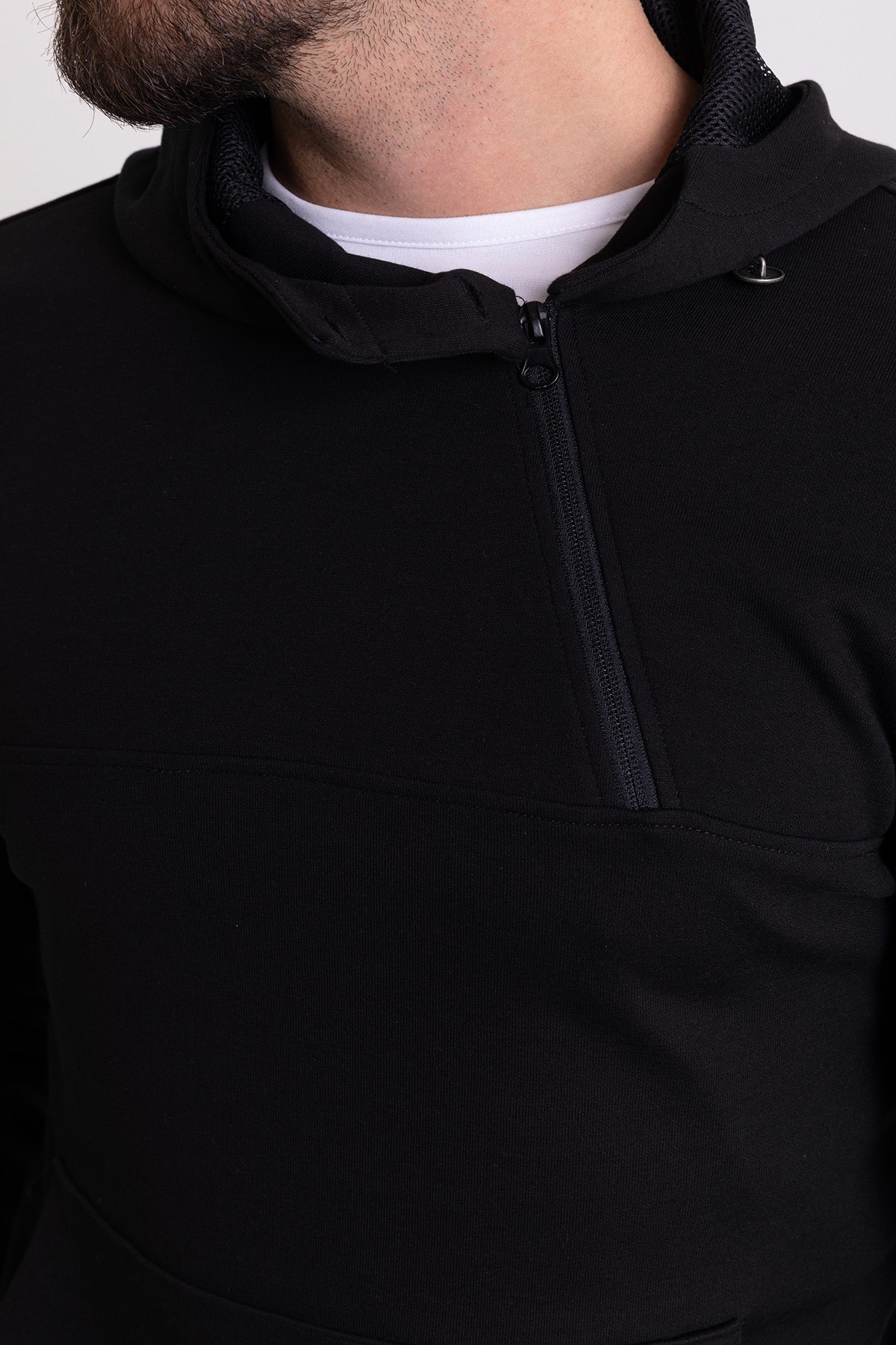 Fermuar Detaylı Slim Fit Kapüşonlu Erkek Sweatshirt