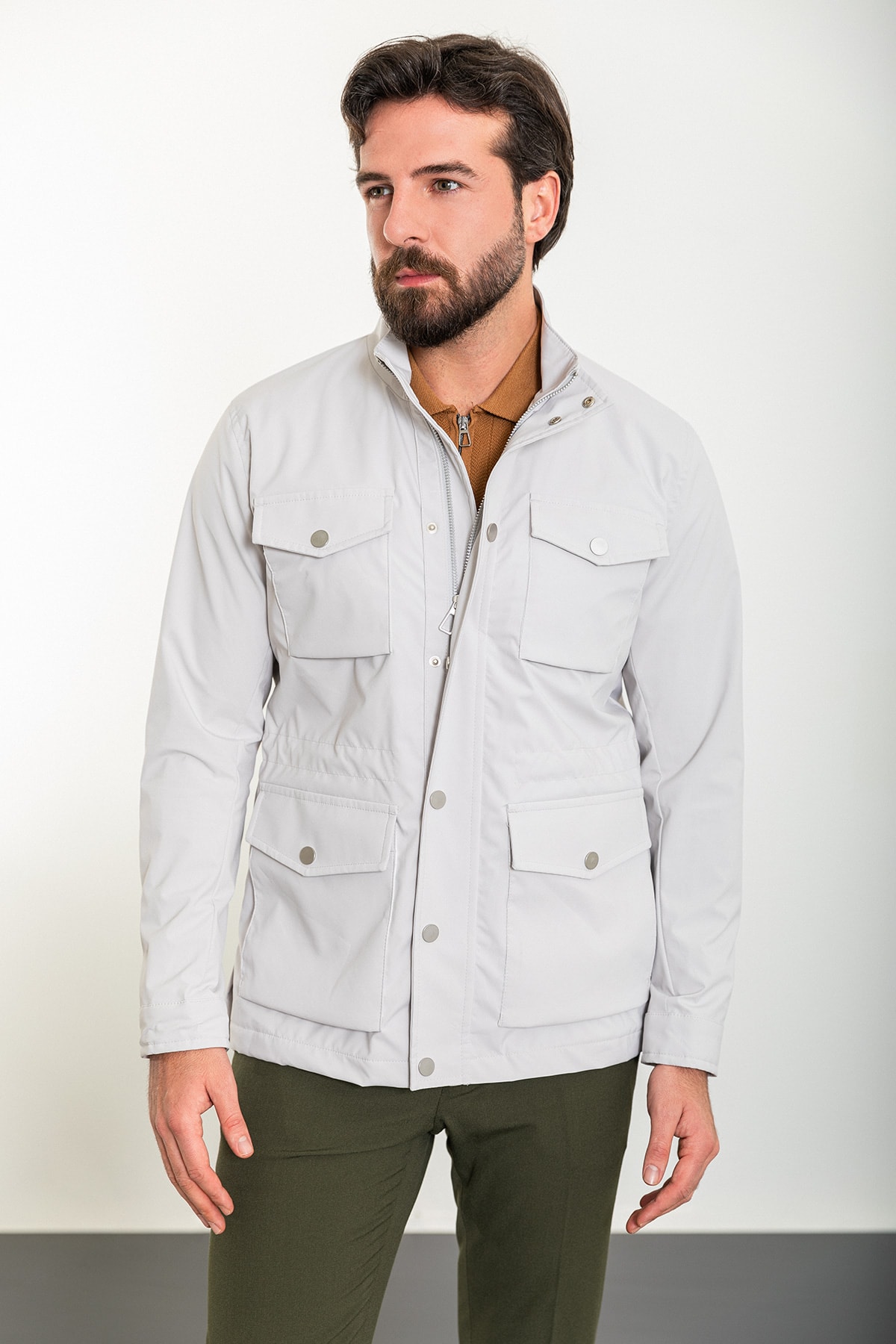 Düz Slim Fit Torba Cep Hakim Yaka Erkek Trenchcoat