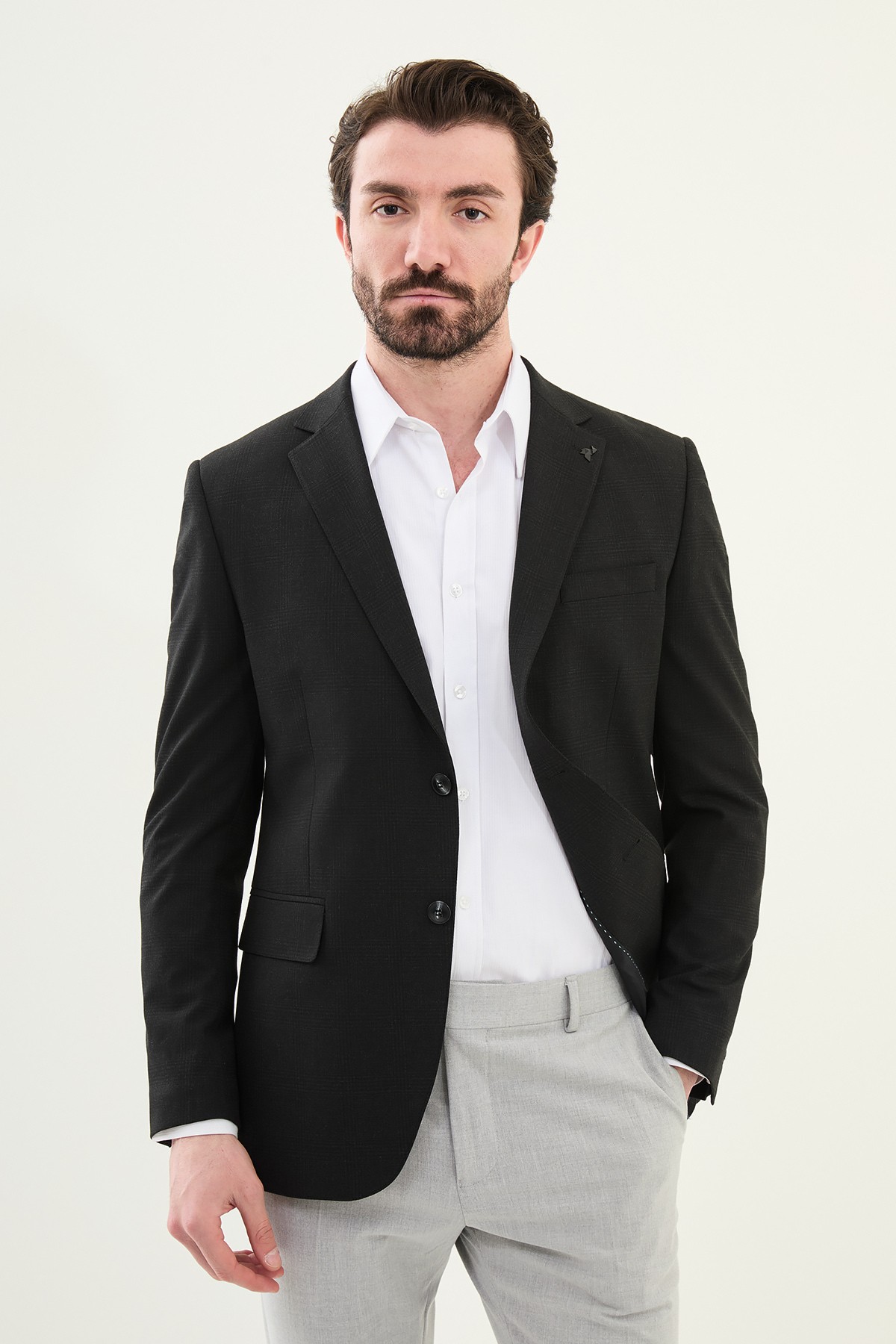 Ekoseli Slim Fit Mono Yaka Erkek Ceket - Siyah