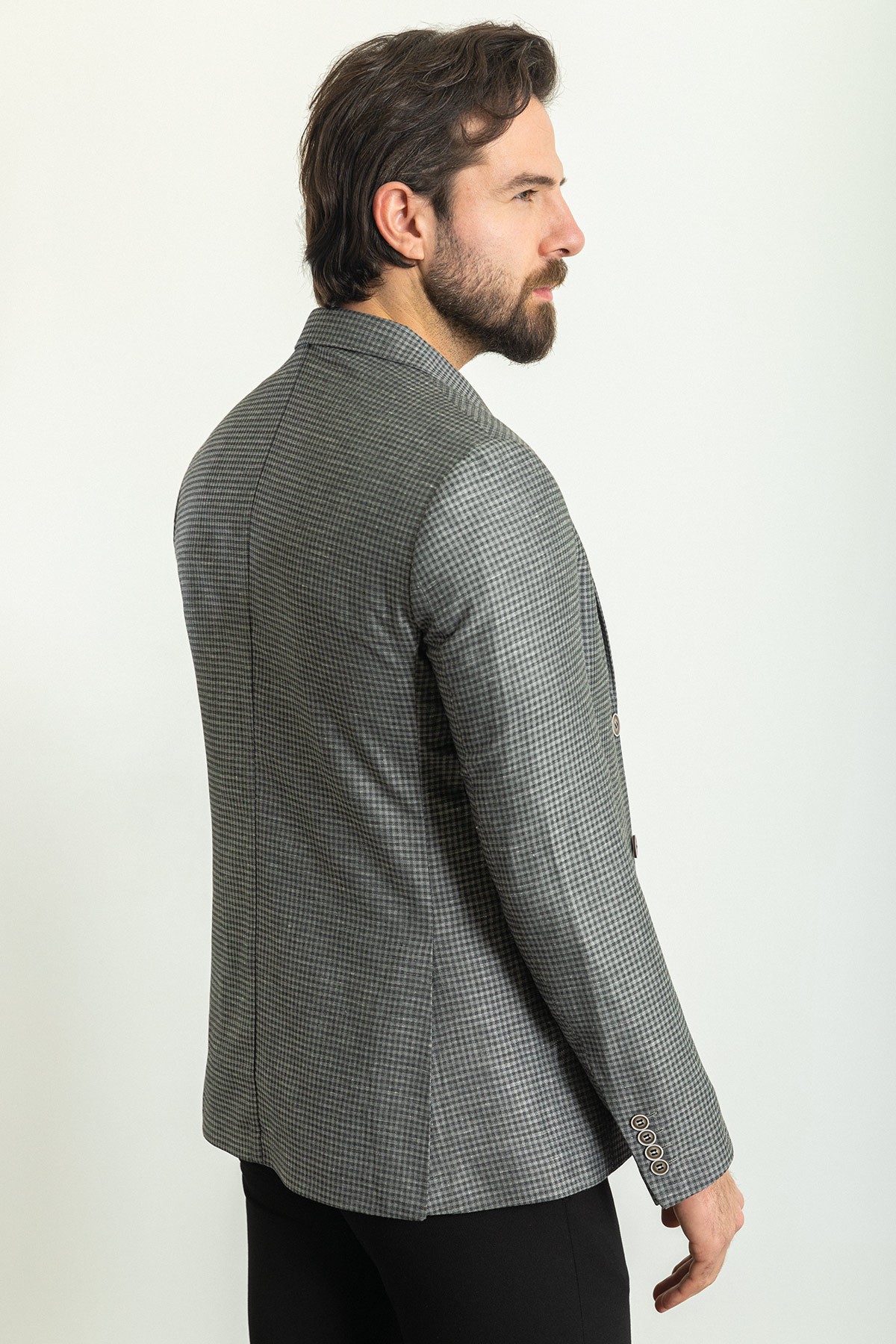 Kareli Slim Fit Mono Yaka Keten Erkek Ceket