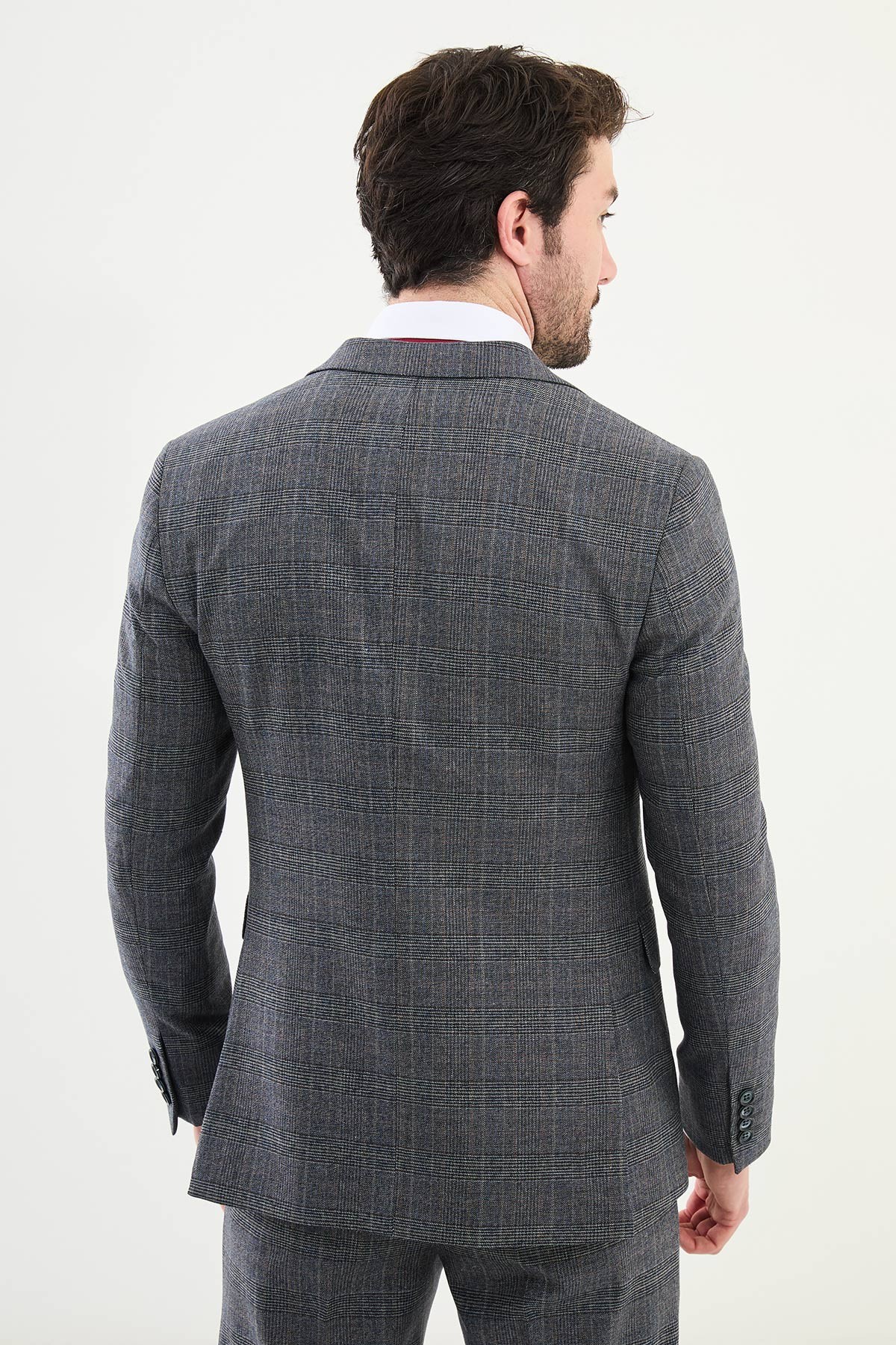 Ekoseli Slim Fit Mono Yaka Yün Erkek Takım Elbise