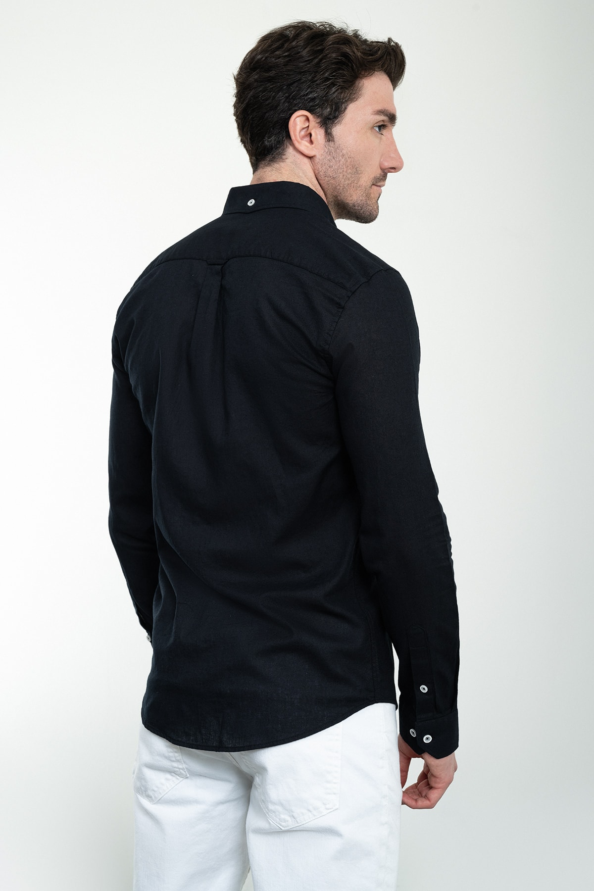 Düz Slim Fit Uzun Kollu Keten Erkek Gömlek