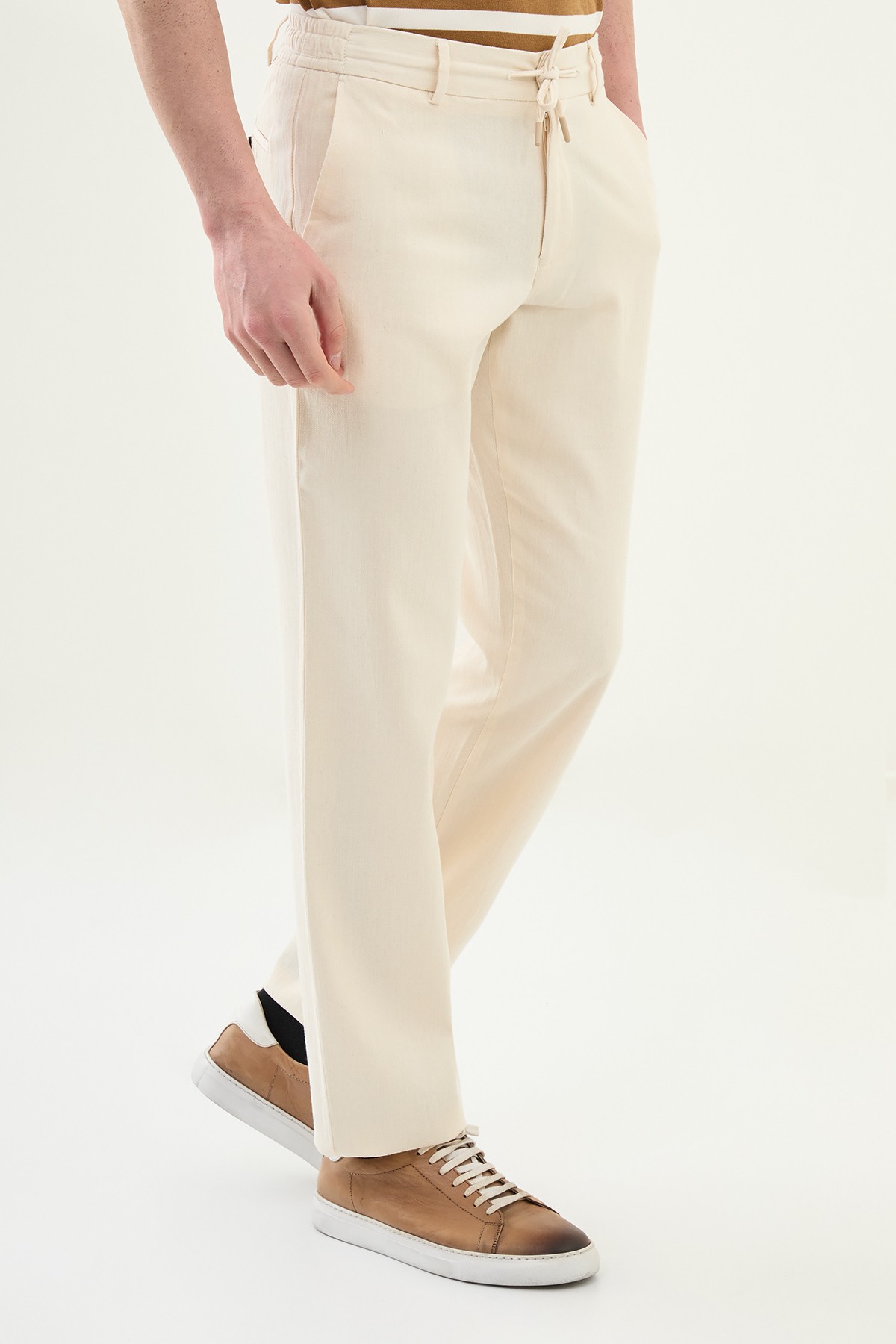 Düz Slim Fit Beli Lastikli İpli %100 Pamuk Erkek Pantolon