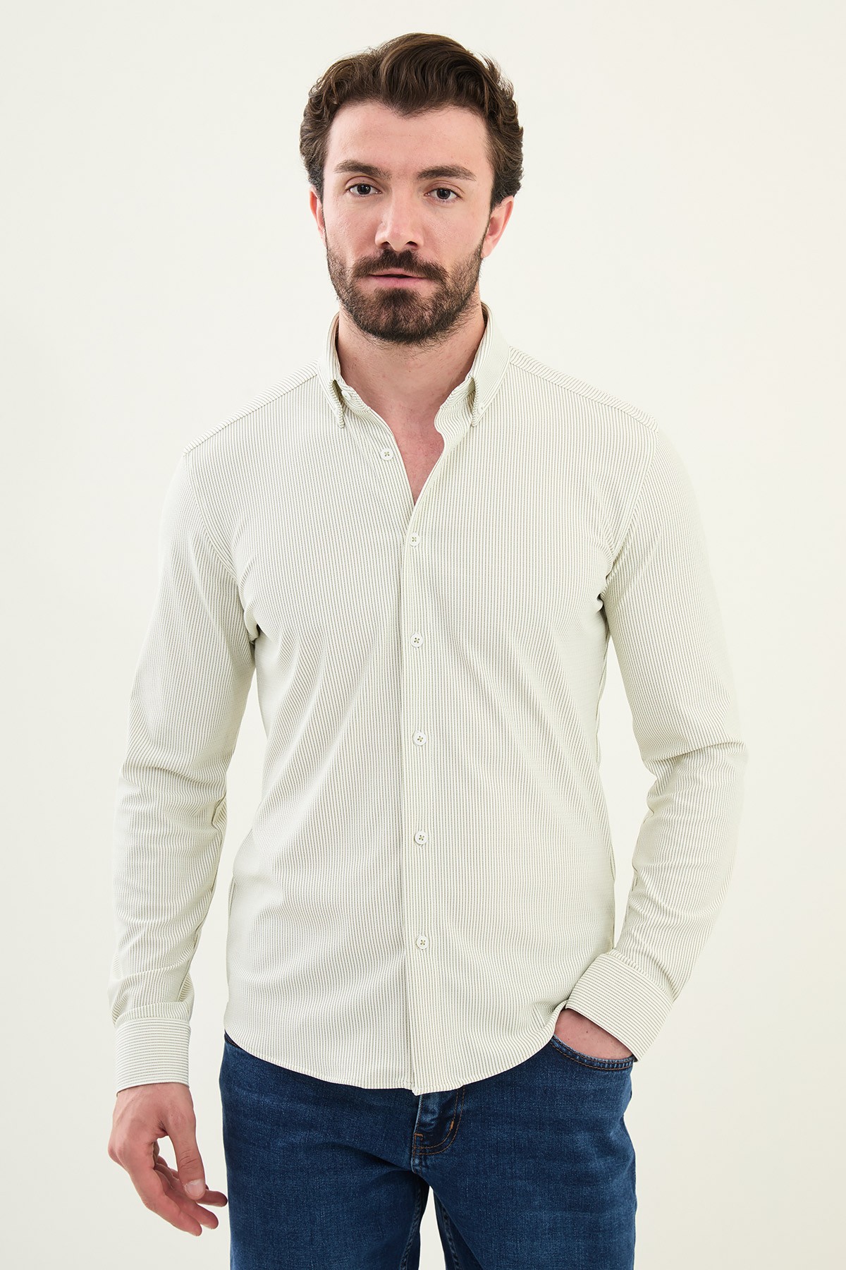 Çizgili Slim Fit Pamuk Erkek Gömlek - Haki