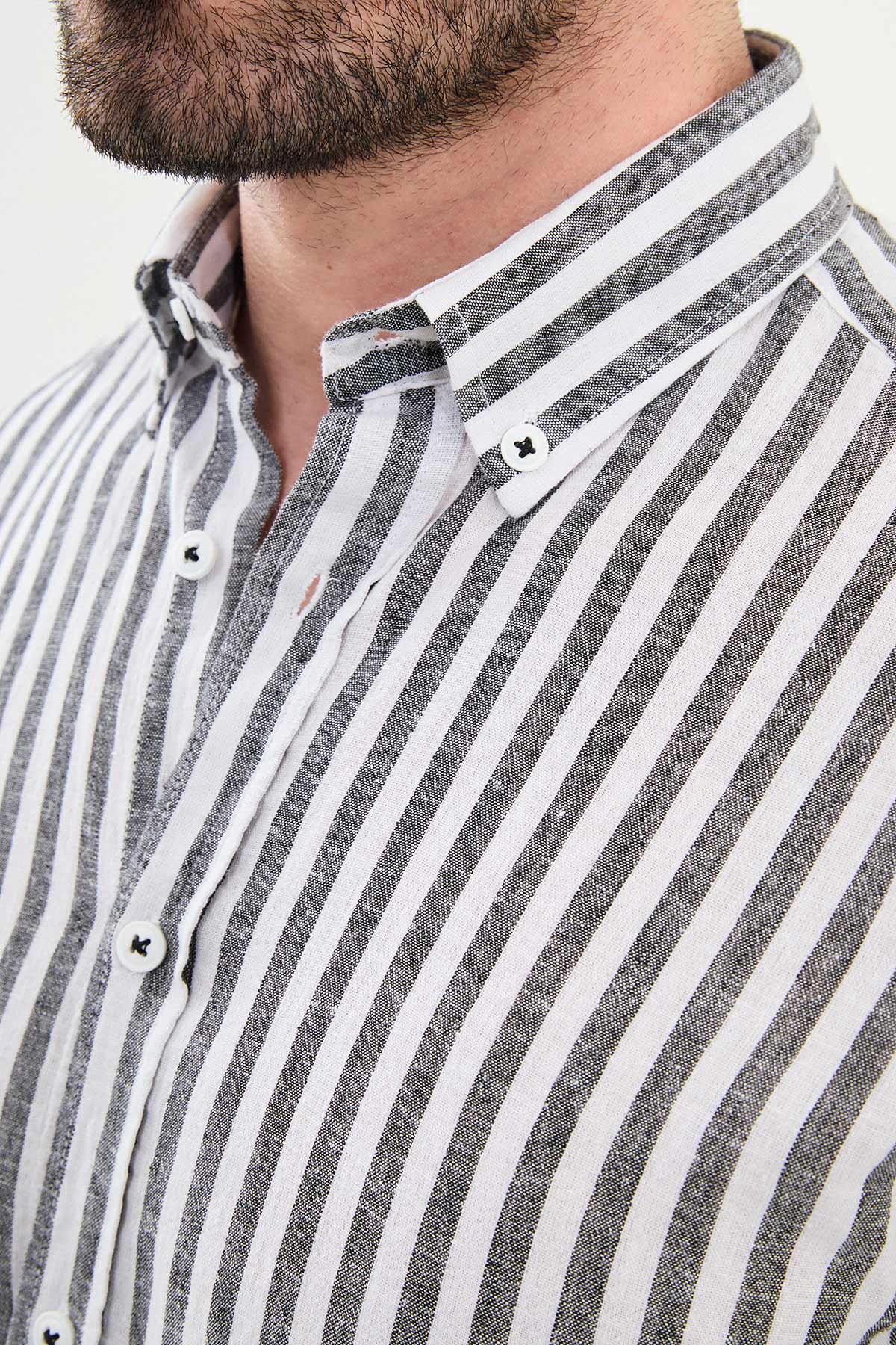 Çizgili Slim Fit Uzun Kollu Keten Erkek Gömlek