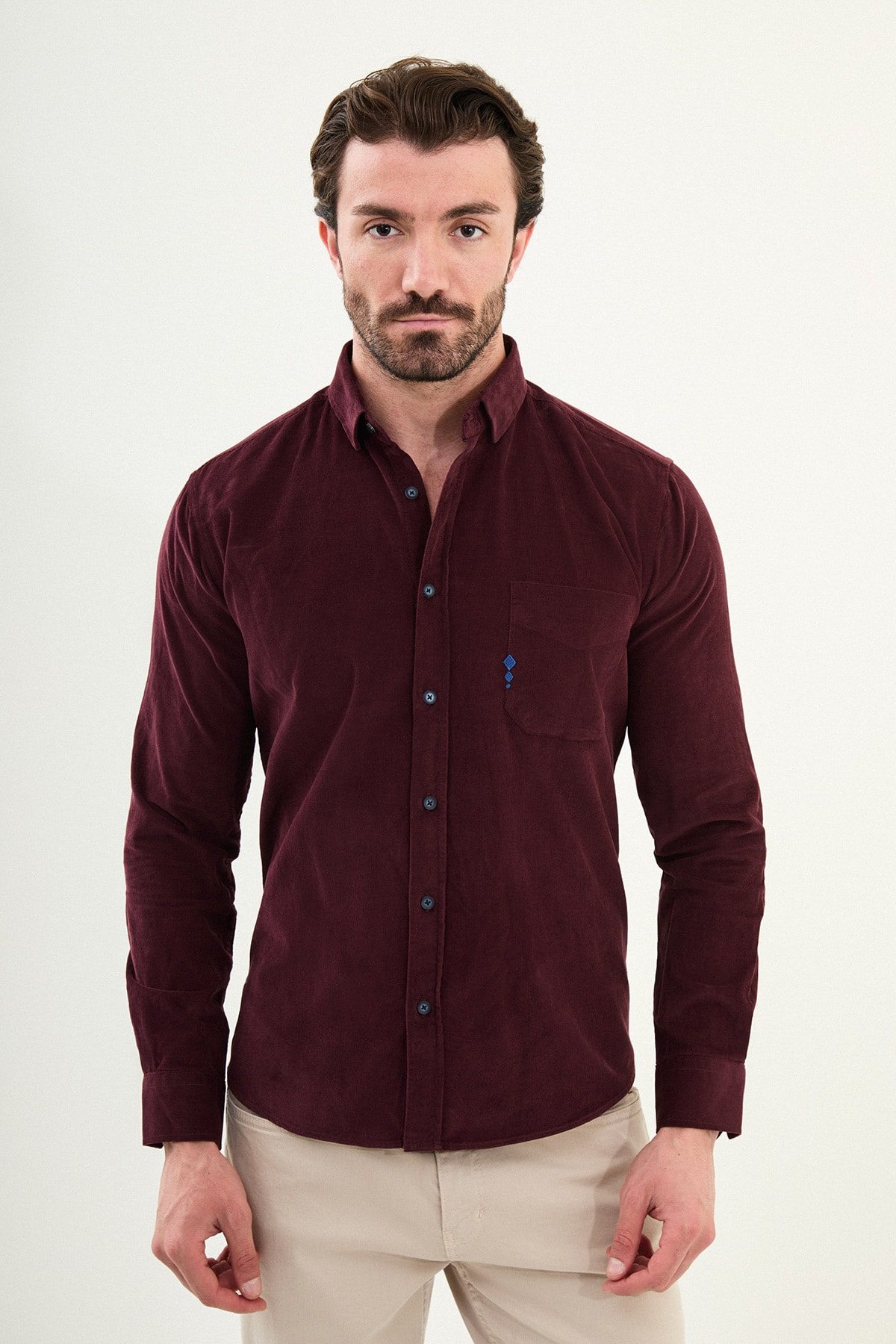 Düz Slim Fit Nakış Detaylı Kadife Erkek Gömlek - Bordo
