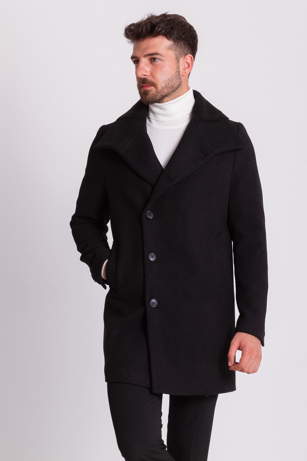 Düz Slim Fit Kürklü Şal Yaka Yün Erkek Kaban