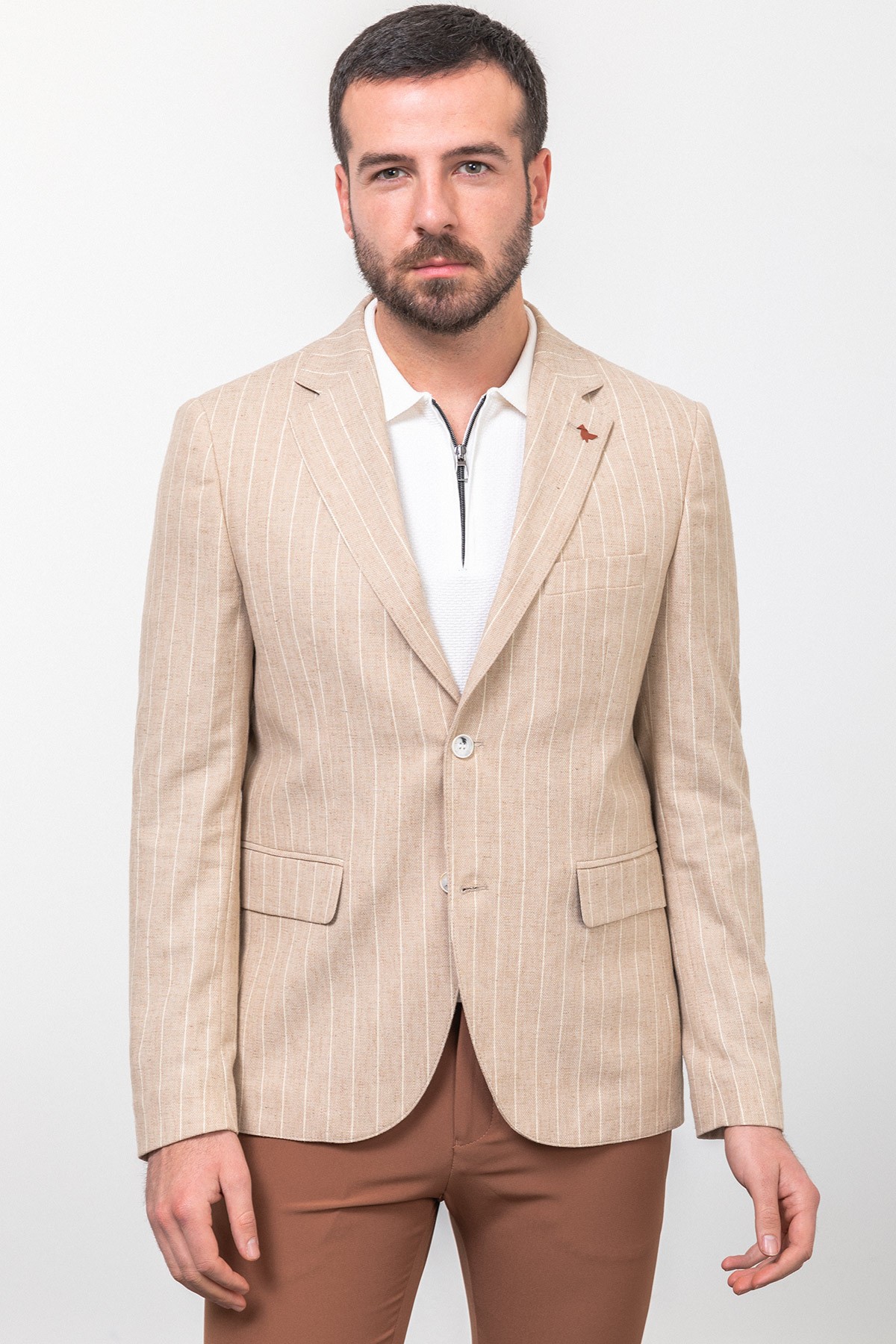 Çizgili Slim Fit Mono Yaka Keten Erkek Ceket
