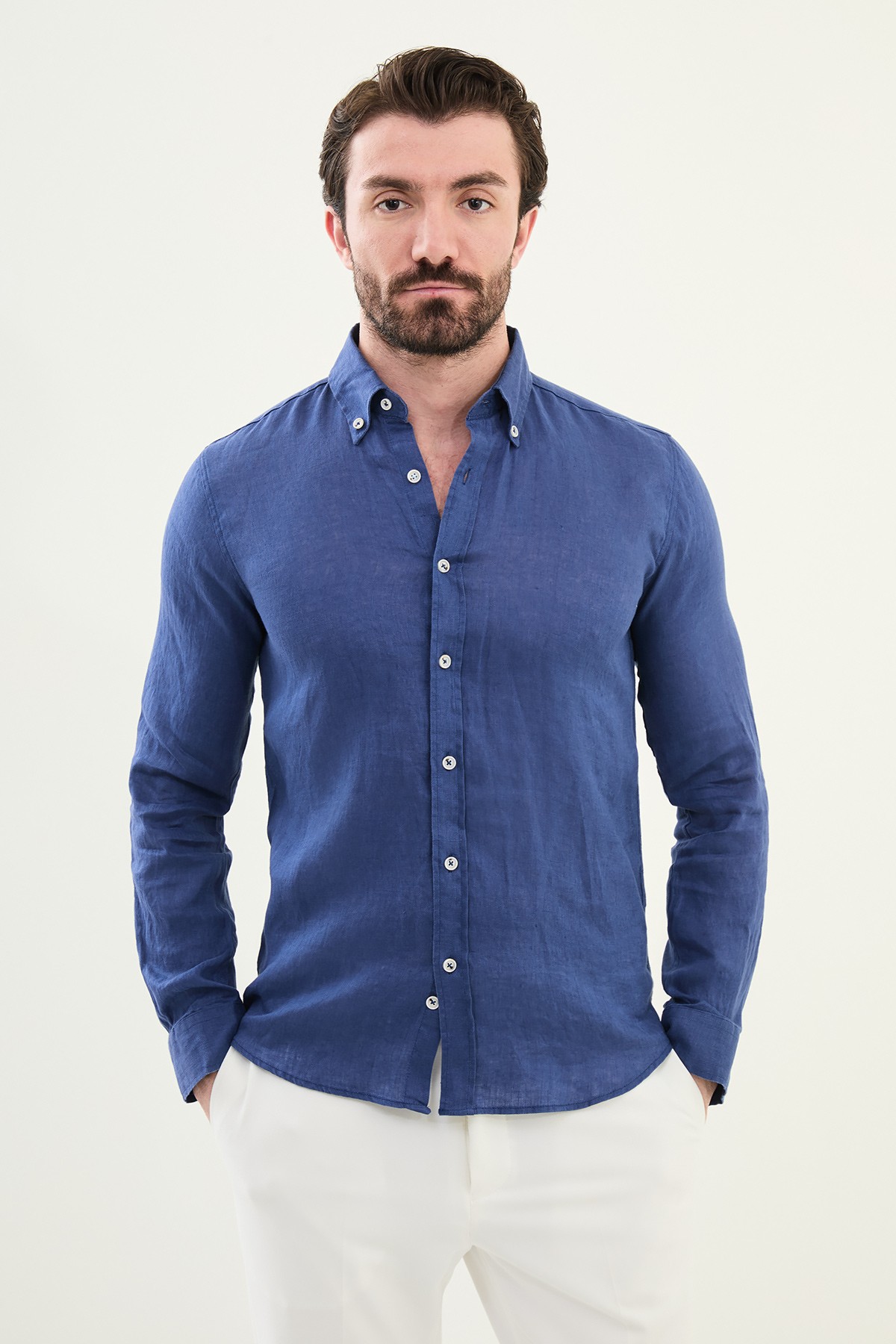 Düz Slim Fit %100 Keten Erkek Gömlek - İndigo