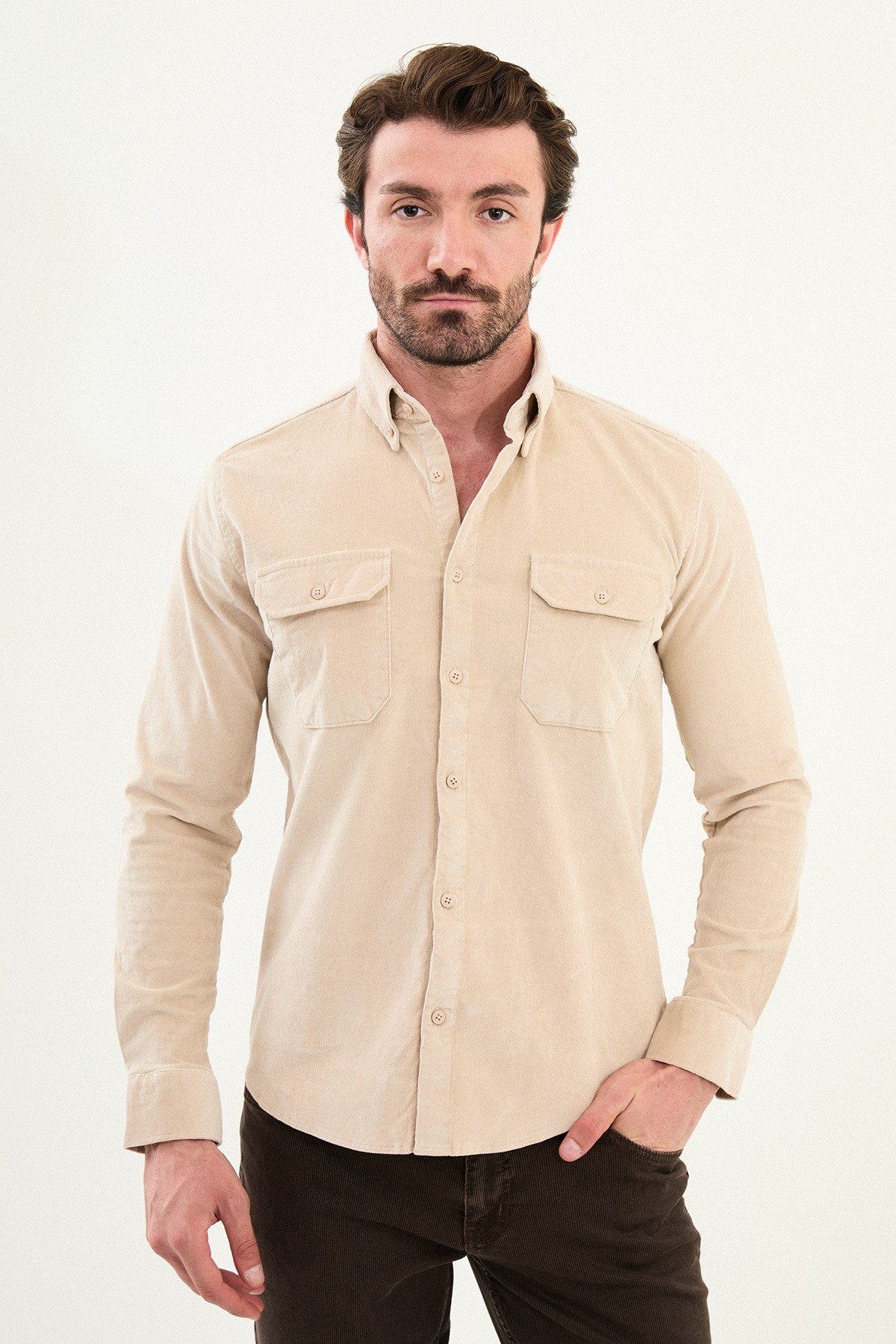 Düz Slim Fit Uzun Kollu Kadife Erkek Gömlek - Bej