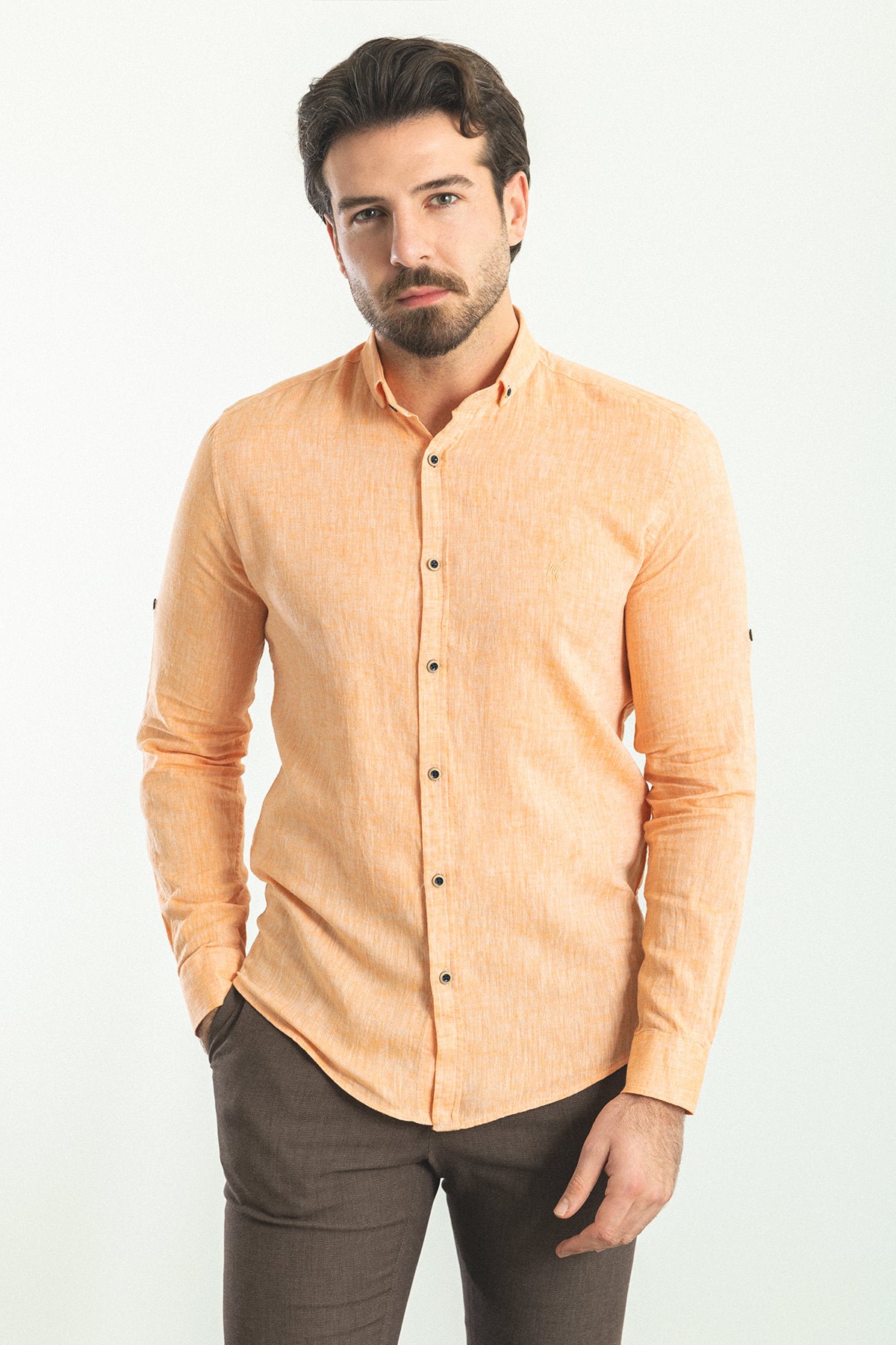 Düz Slim Fit Basic Keten Erkek Gömlek - Oranj