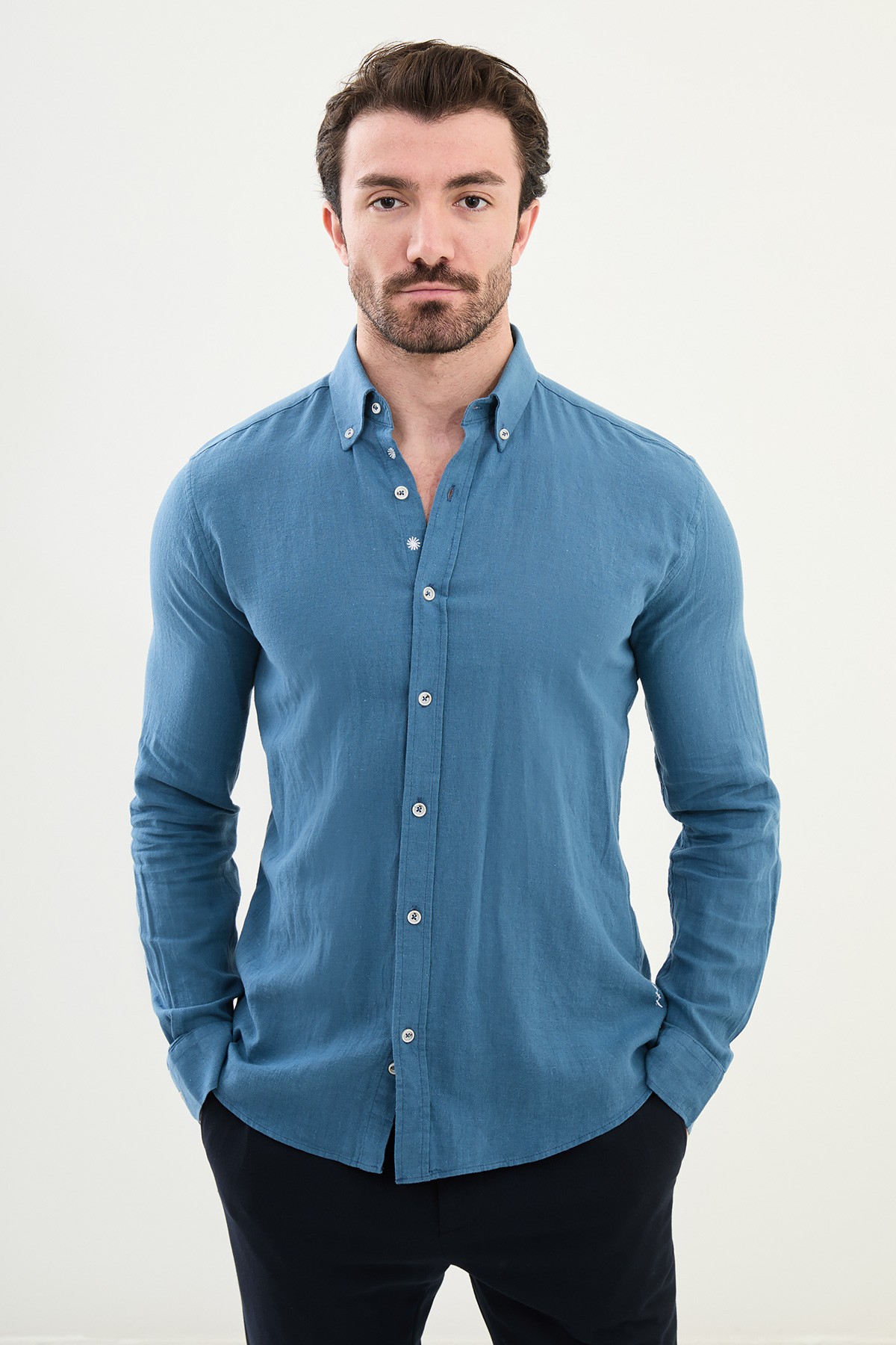 Düz Slim Fit Uzun Kollu Keten Erkek Gömlek - İndigo