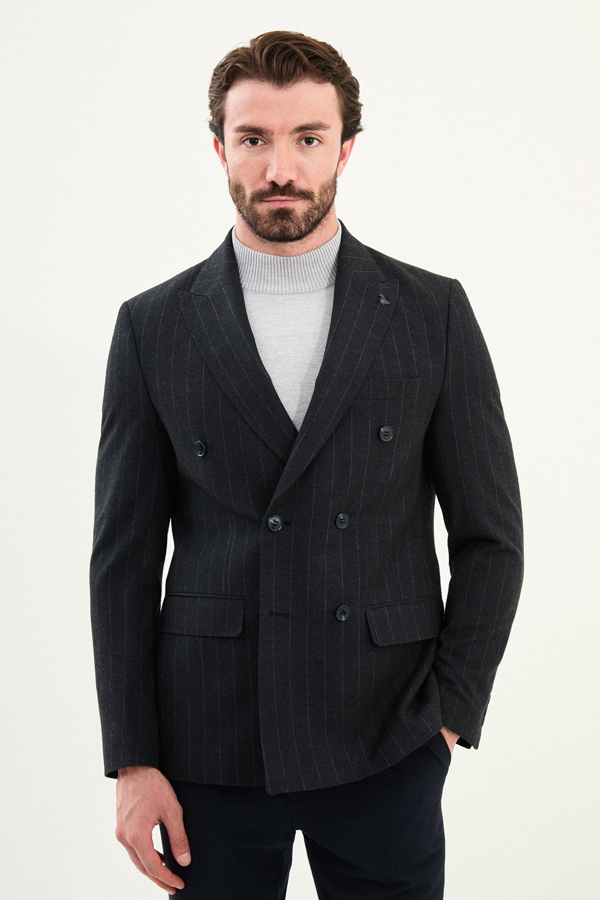 Çizgili Slim Fit Geniş Yaka Kruvaze Yün Erkek Ceket - Lacivert