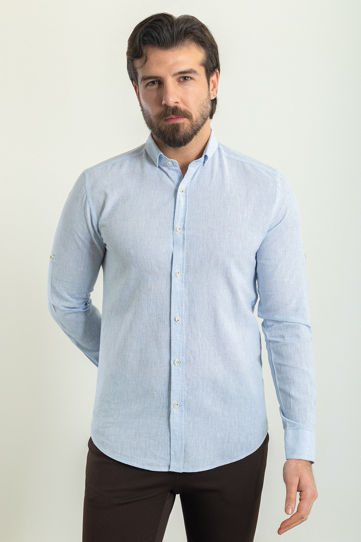 Desenli Slim Fit Uzun Kollu Keten Erkek Gömlek - Mavi