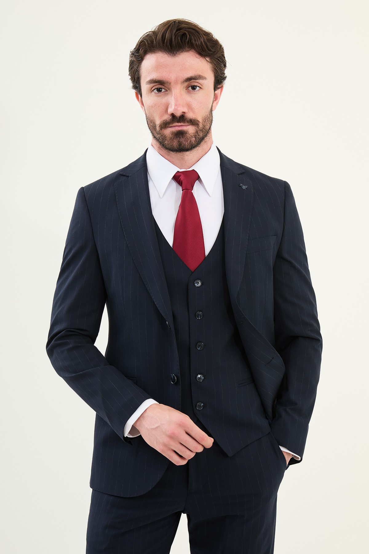 Çizgili Slim Fit Mono Yaka Yün Erkek Takım Elbise - Koyu Lacivert