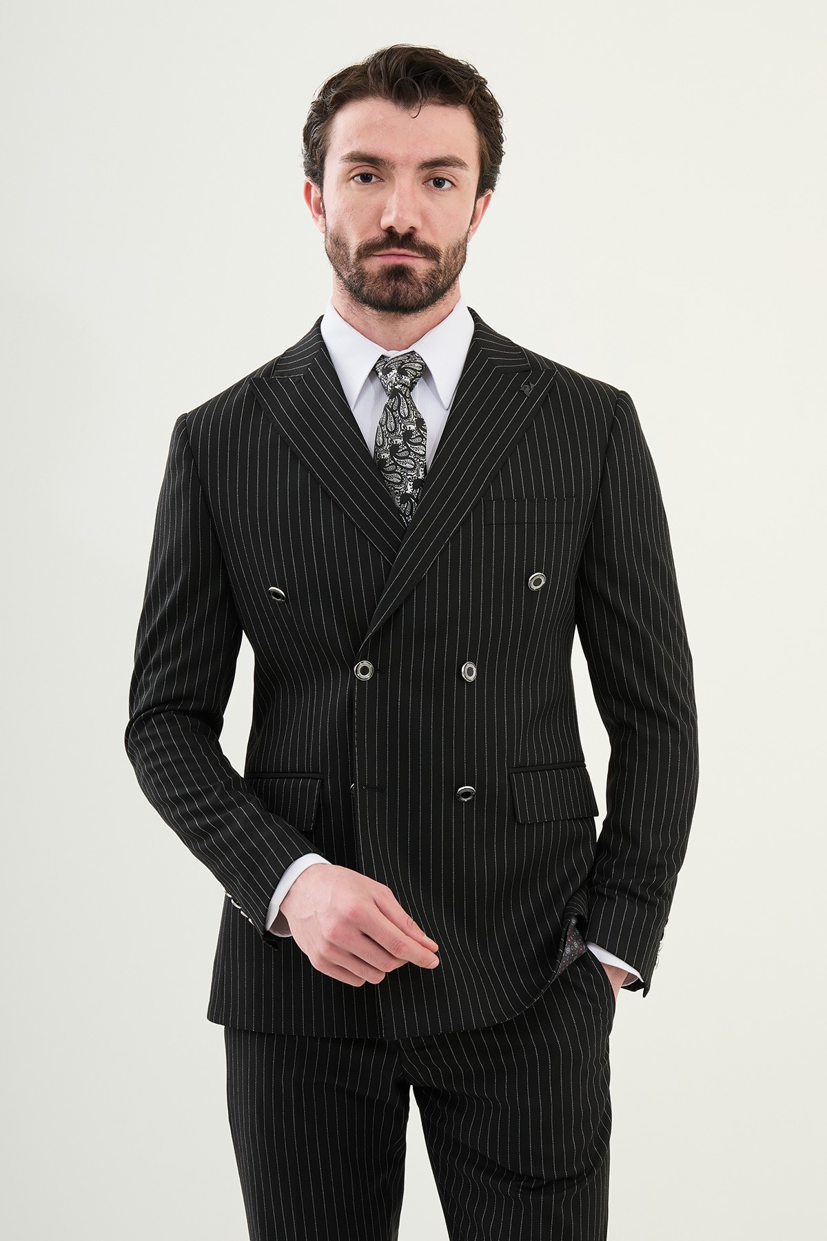 Çizgili Slim Fit Geniş Yaka Kruvaze Erkek Takım Elbise - Siyah