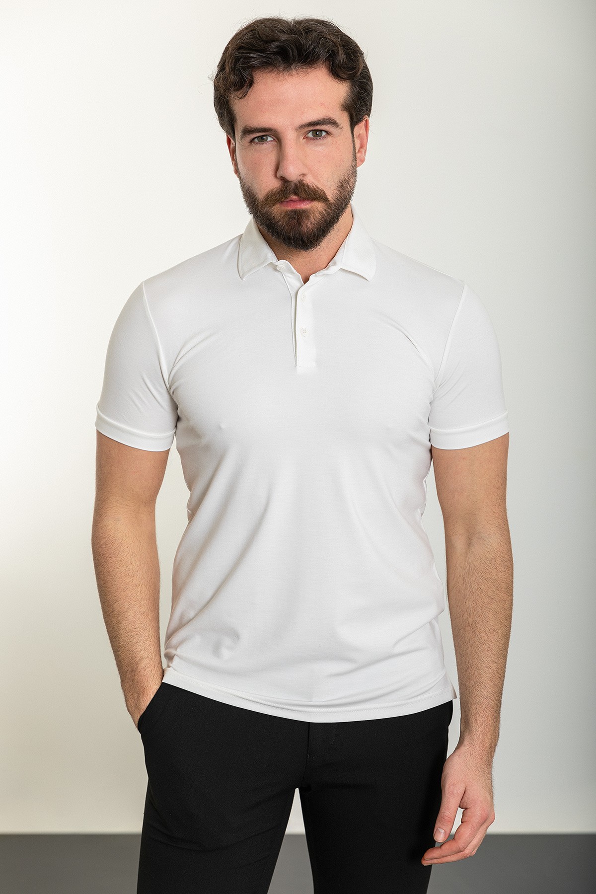 Düz Slim Fit Polo Yaka Erkek T-Shirt - Ekru