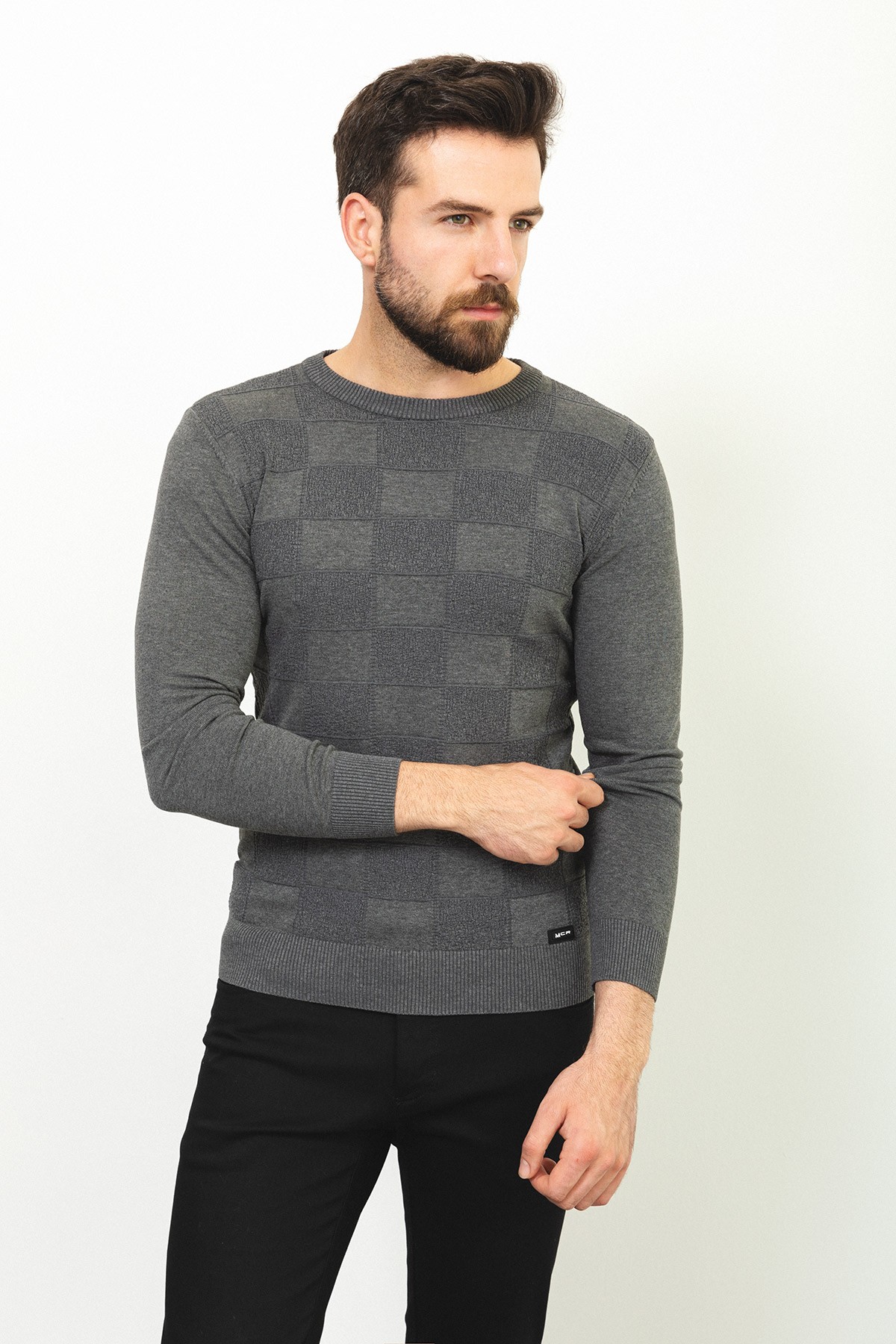 Kareli Slim Fit Bisiklet Yaka Erkek Kazak