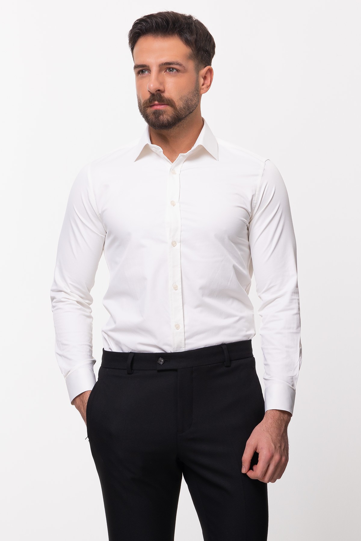 Düz Slim Fit Saten Klasik Erkek Gömlek - Ekru