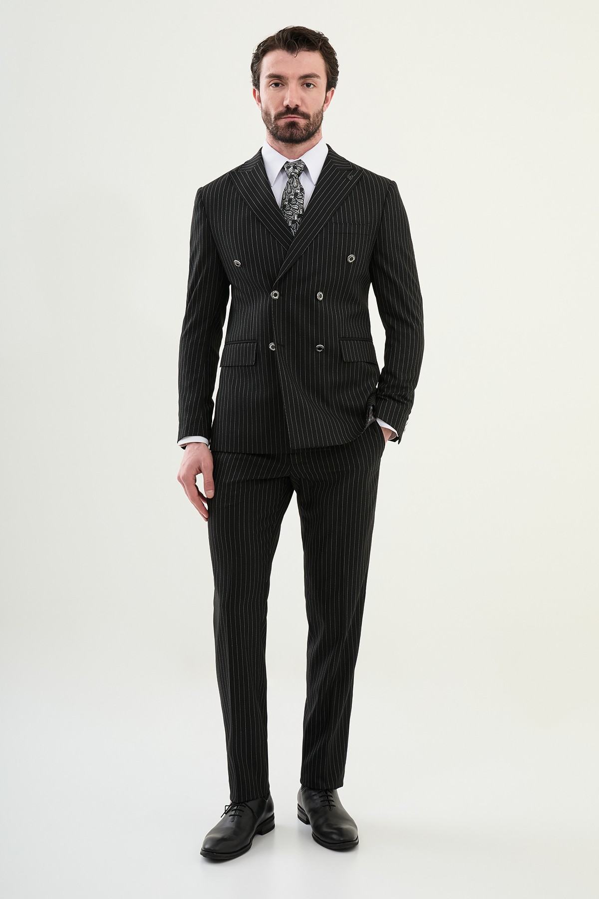 Çizgili Slim Fit Geniş Yaka Kruvaze Erkek Takım Elbise