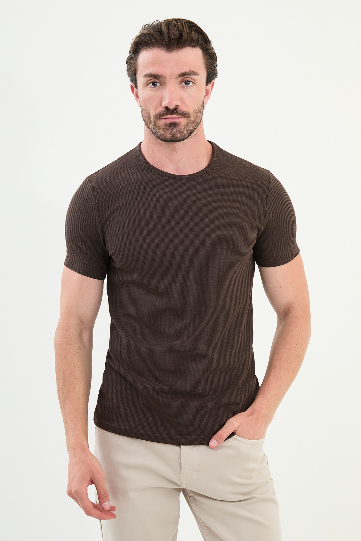 Desenli Slim Fit Kısa Kollu Pamuk Erkek T-Shirt - Kahverengi