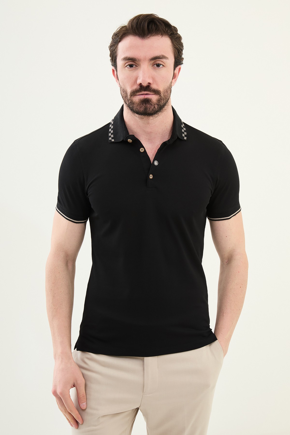 Düz Slim Fit Polo Yaka Pamuk Erkek T-Shirt - Siyah