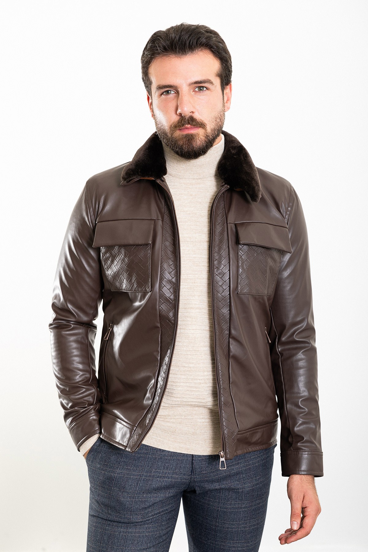 Desenli Slim Fit Kürklü Yaka Suni Deri Erkek Mont