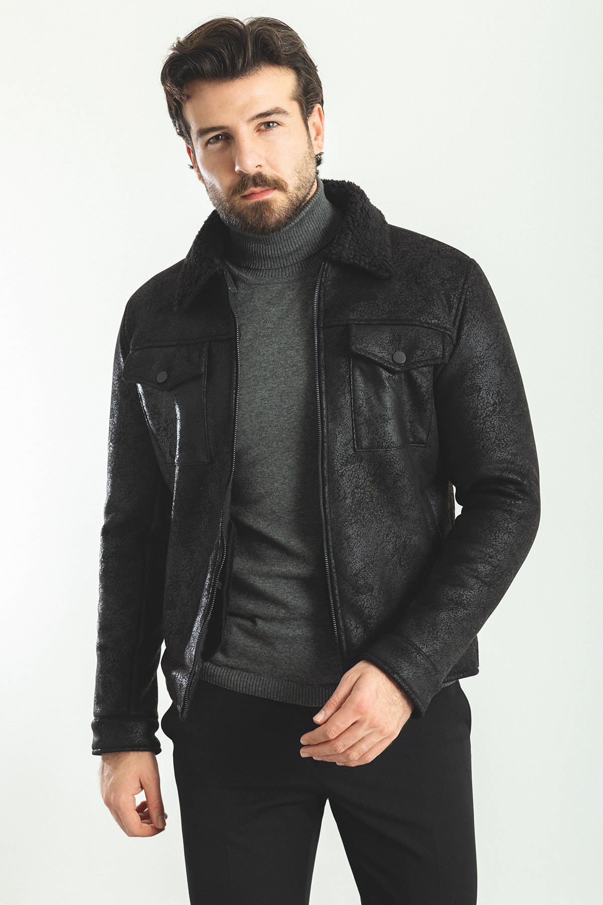 Kürklü Slim Fit Napa Erkek Mont