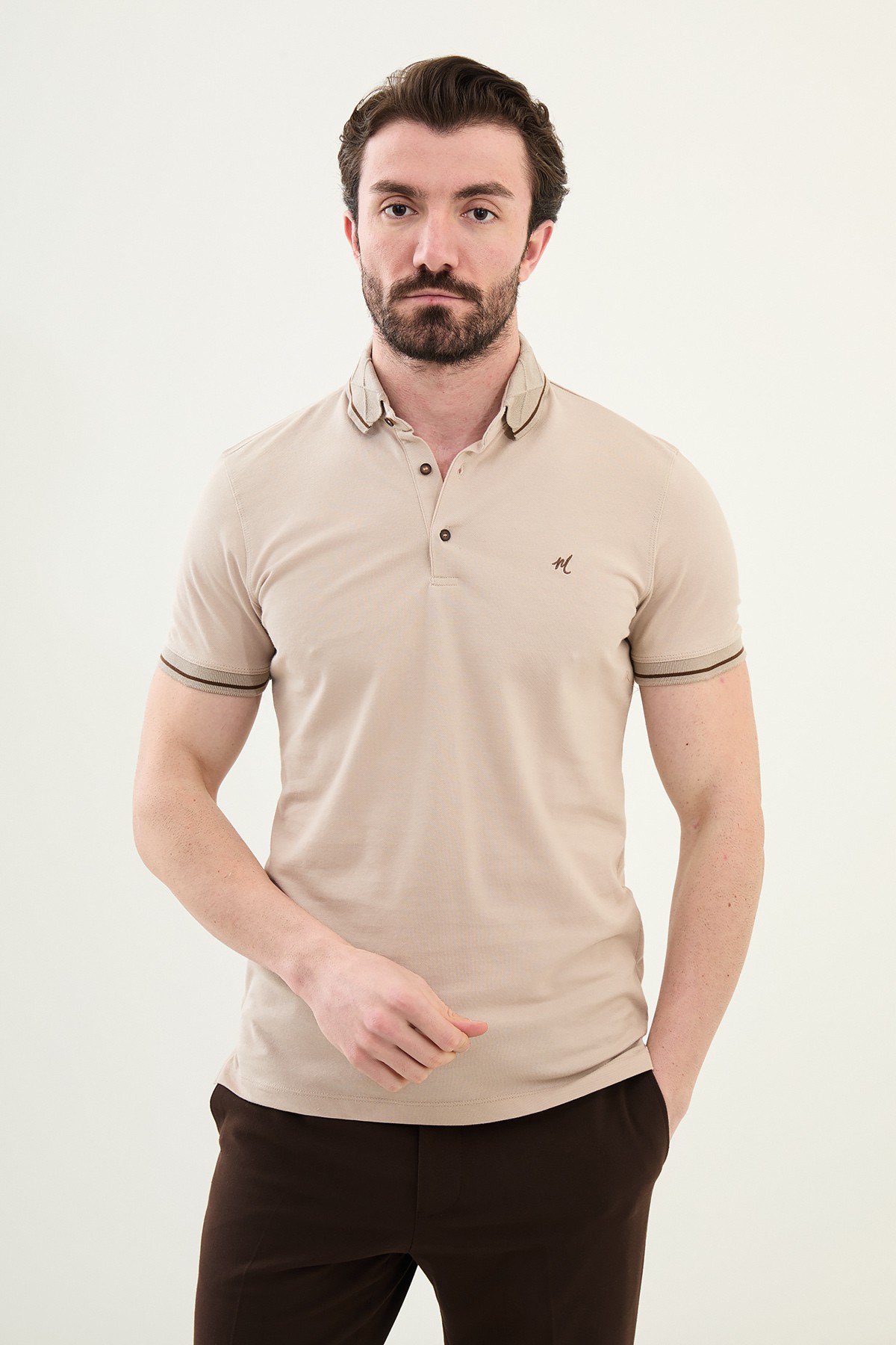 Düz Slim Fit Polo Yaka Pamuk Erkek T-Shirt - Bej