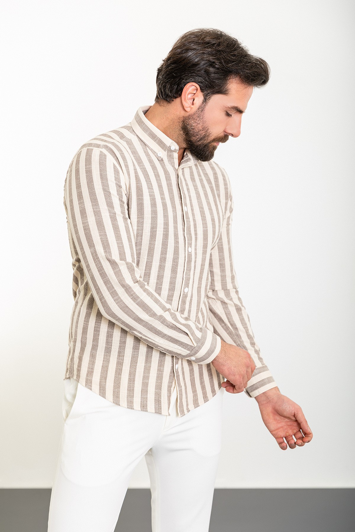 Çizgili Slim Fit Uzun Kollu Keten Erkek Gömlek