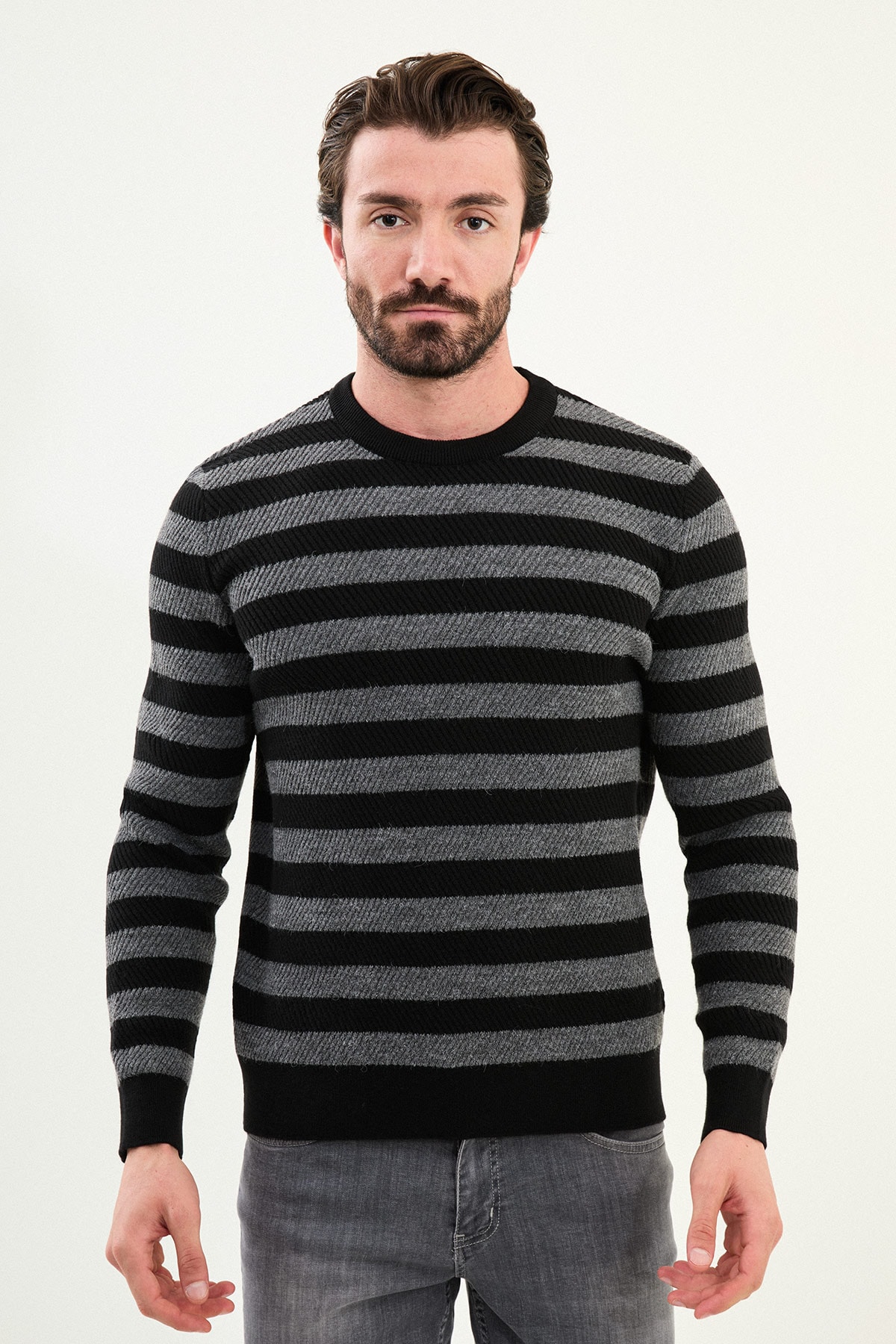 Yatay Çizgili Slim Fit Bisiklet Yaka Erkek Triko - Siyah-Antrasit