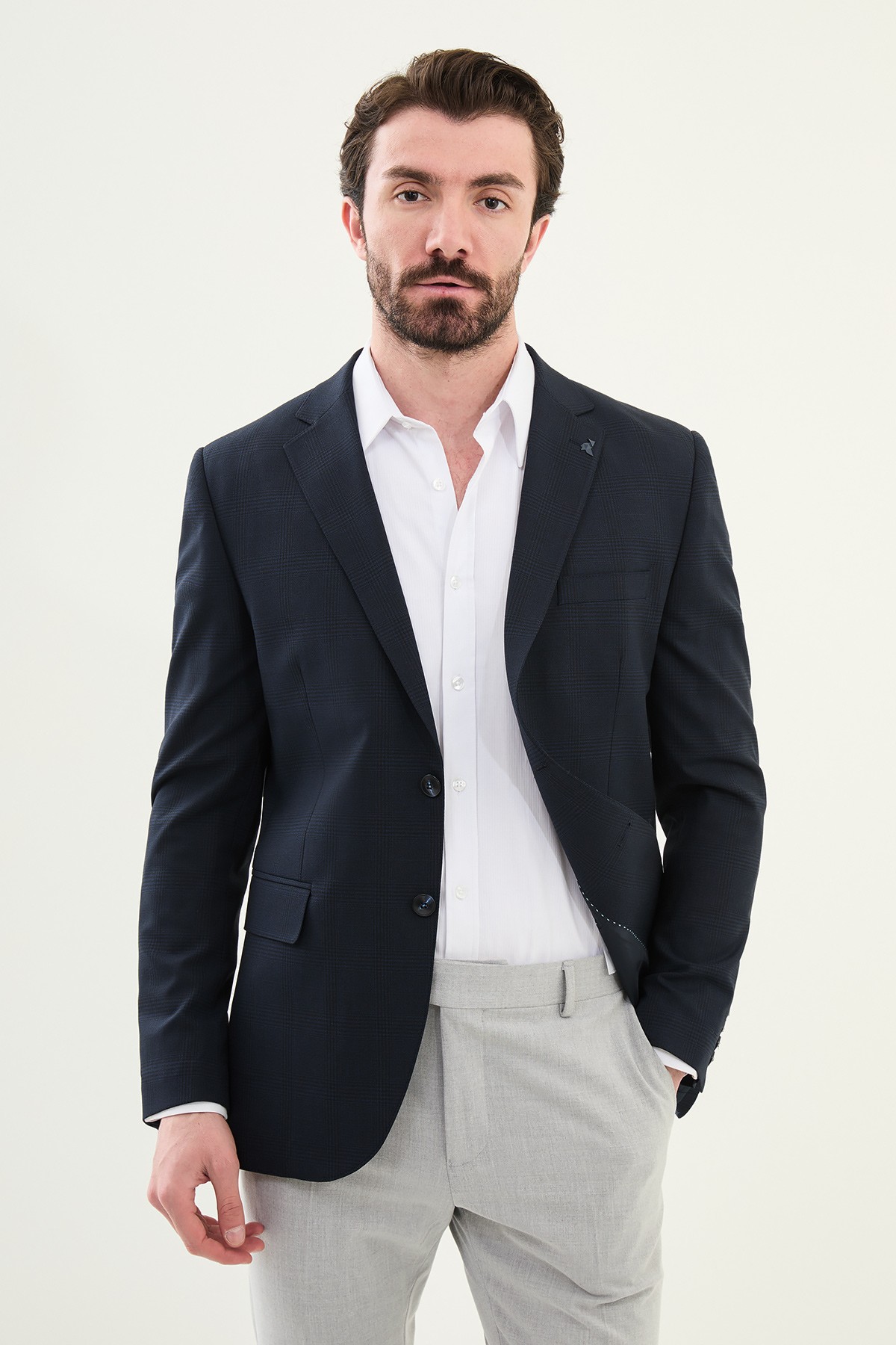 Ekoseli Slim Fit Mono Yaka Erkek Ceket - Lacivert