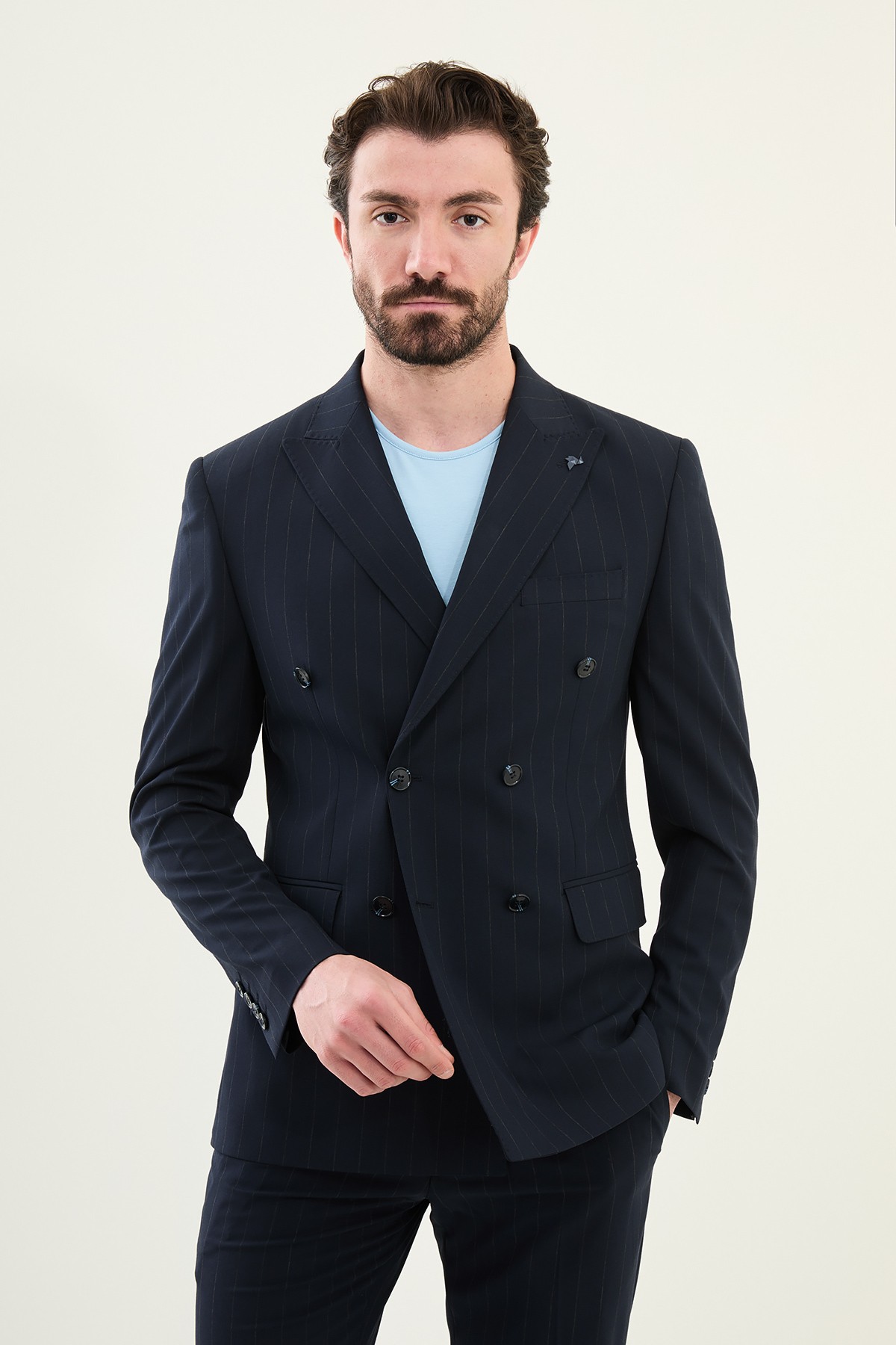 Çizgili Slim Fit Geniş Yaka Kruvaze Erkek Takım Elbise - Lacivert